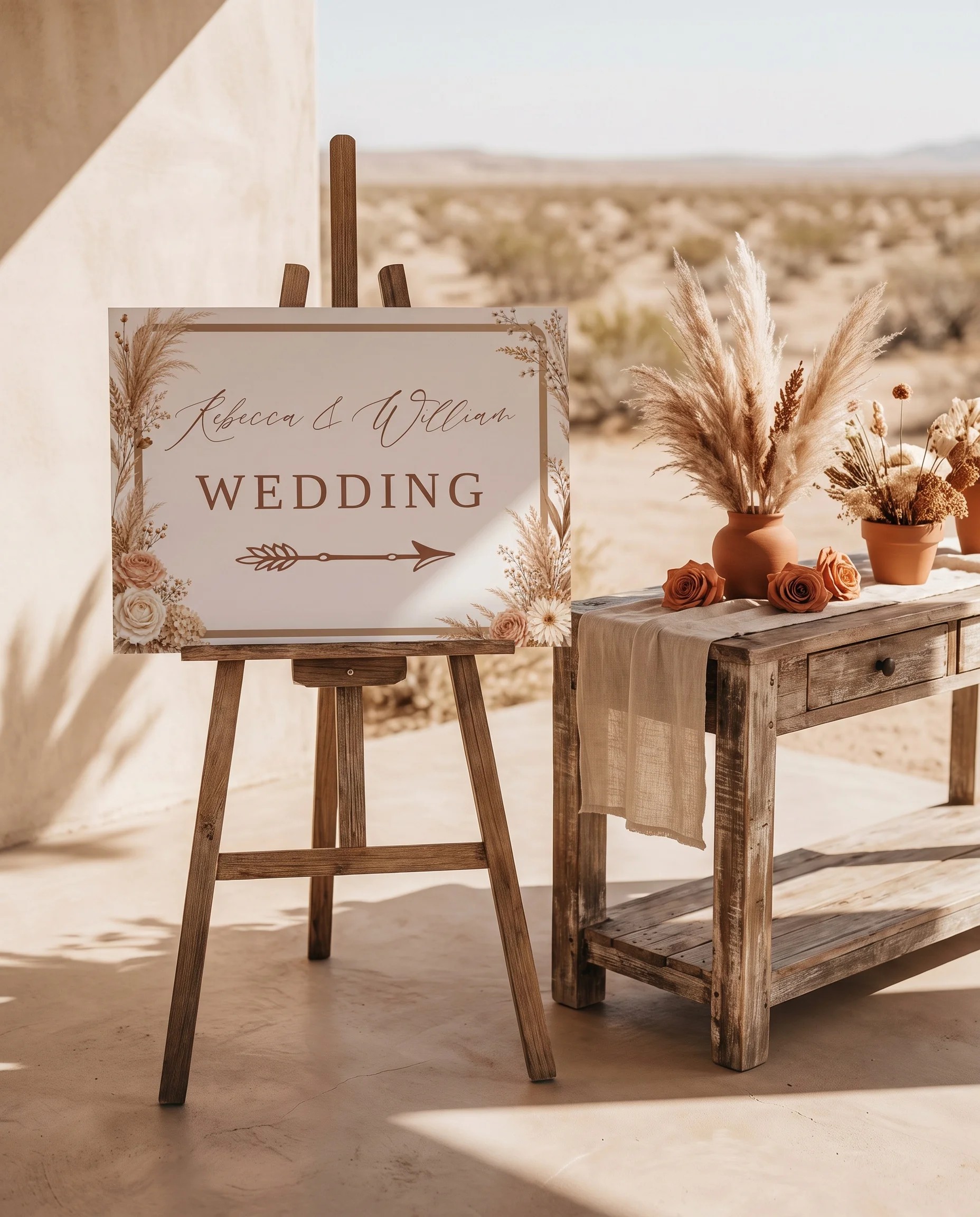 Pampas Hush wedding directional sign — single page shown beside furniture for scale under soft overhead natural light, printable wedding signs.