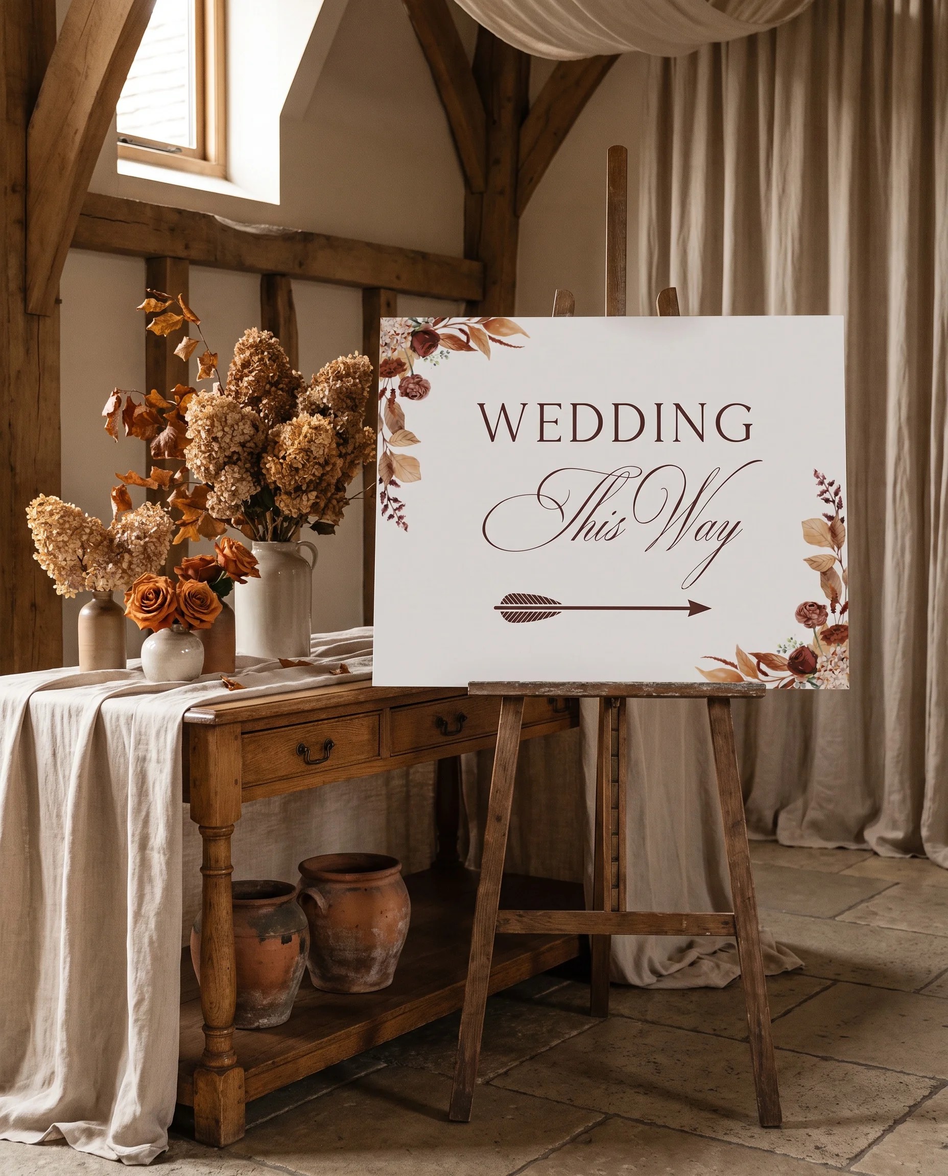 Bramble Row wedding directional sign — shown beside furniture for scale on premium editorial paper under soft natural light, printable wedding signs.