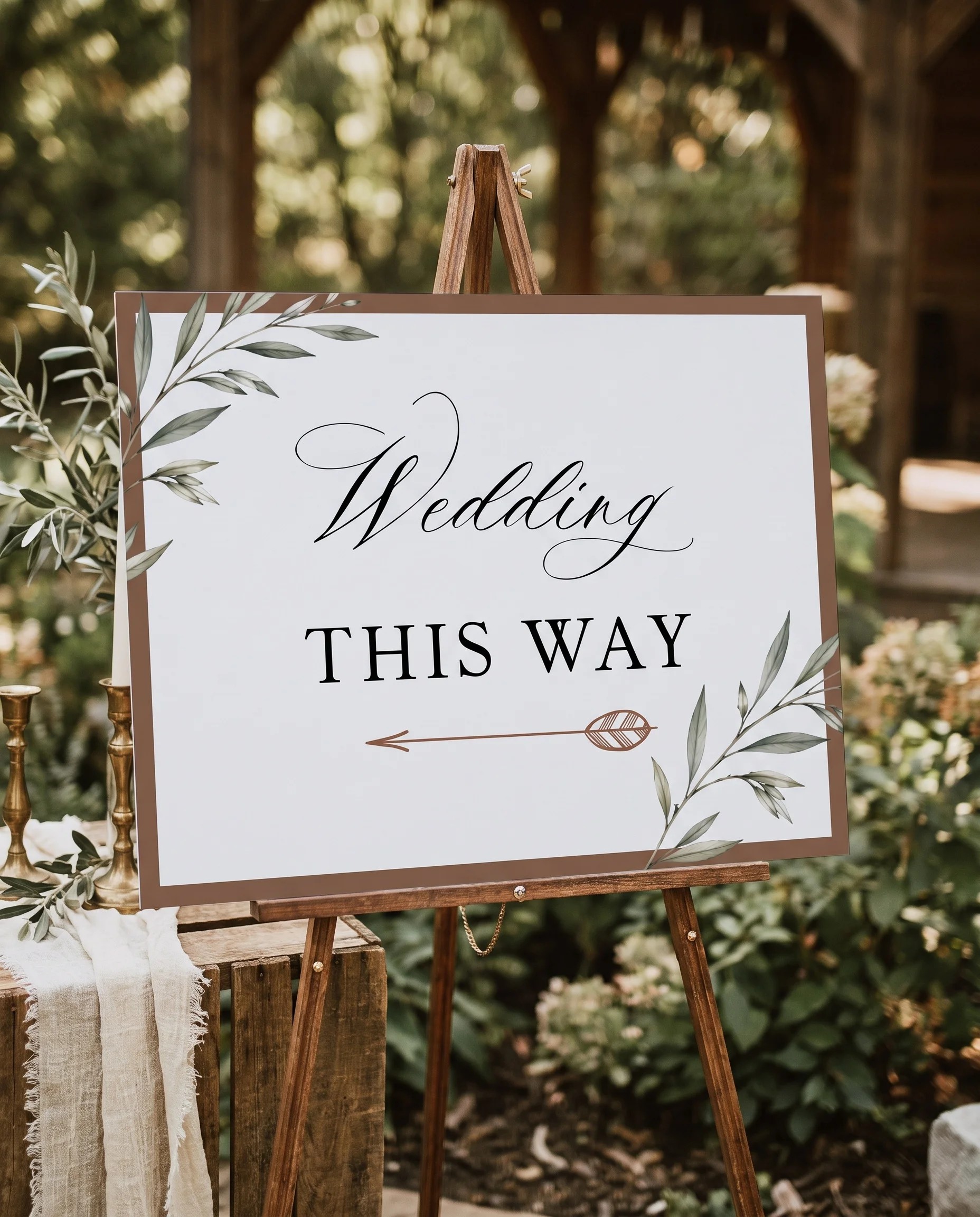 Olive Arc wedding directional sign — displayed in a wedding venue setting under soft natural light, wedding signage.