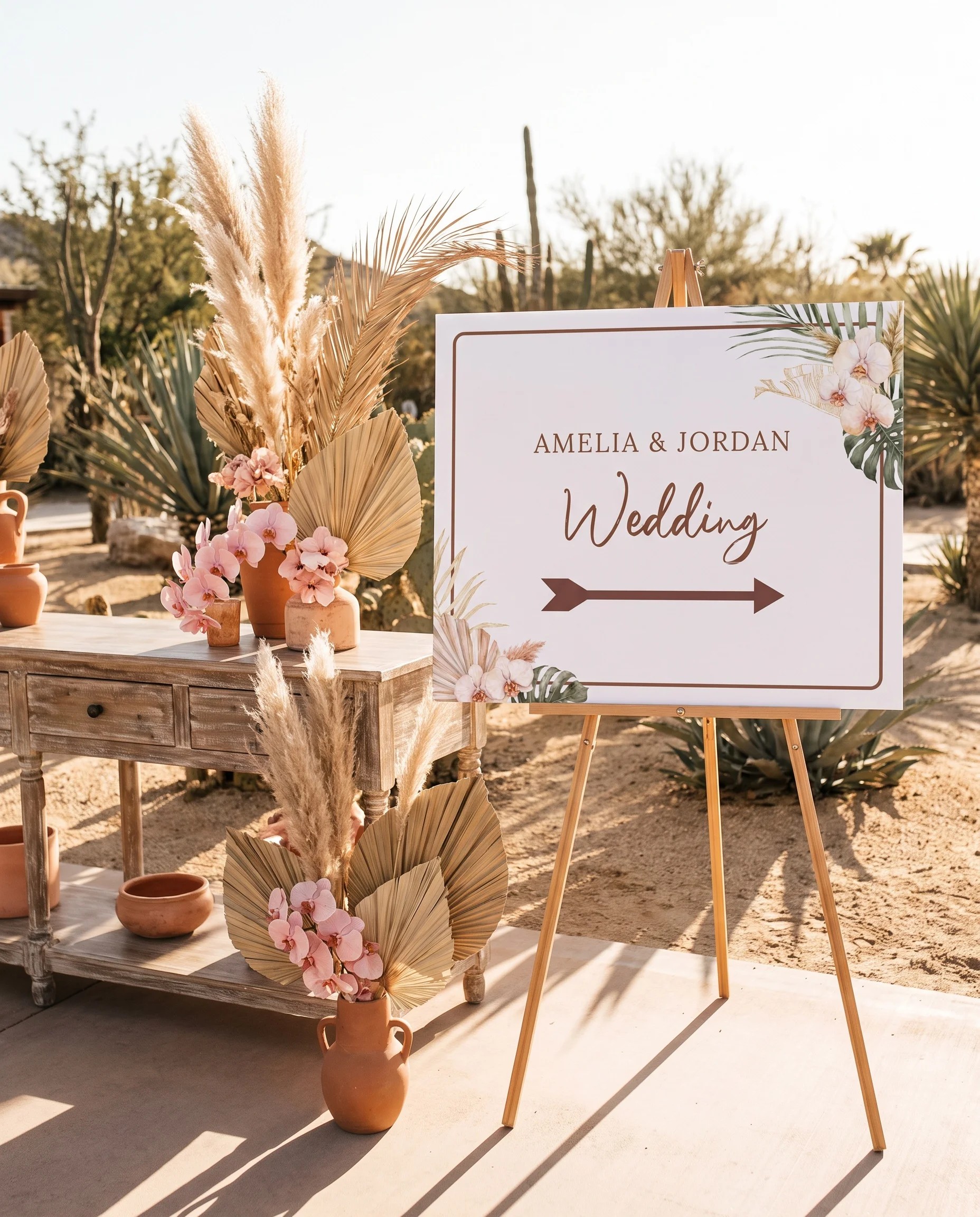 Palm Orchid wedding directional sign — shown beside furniture for scale on premium editorial paper, printable wedding signs.