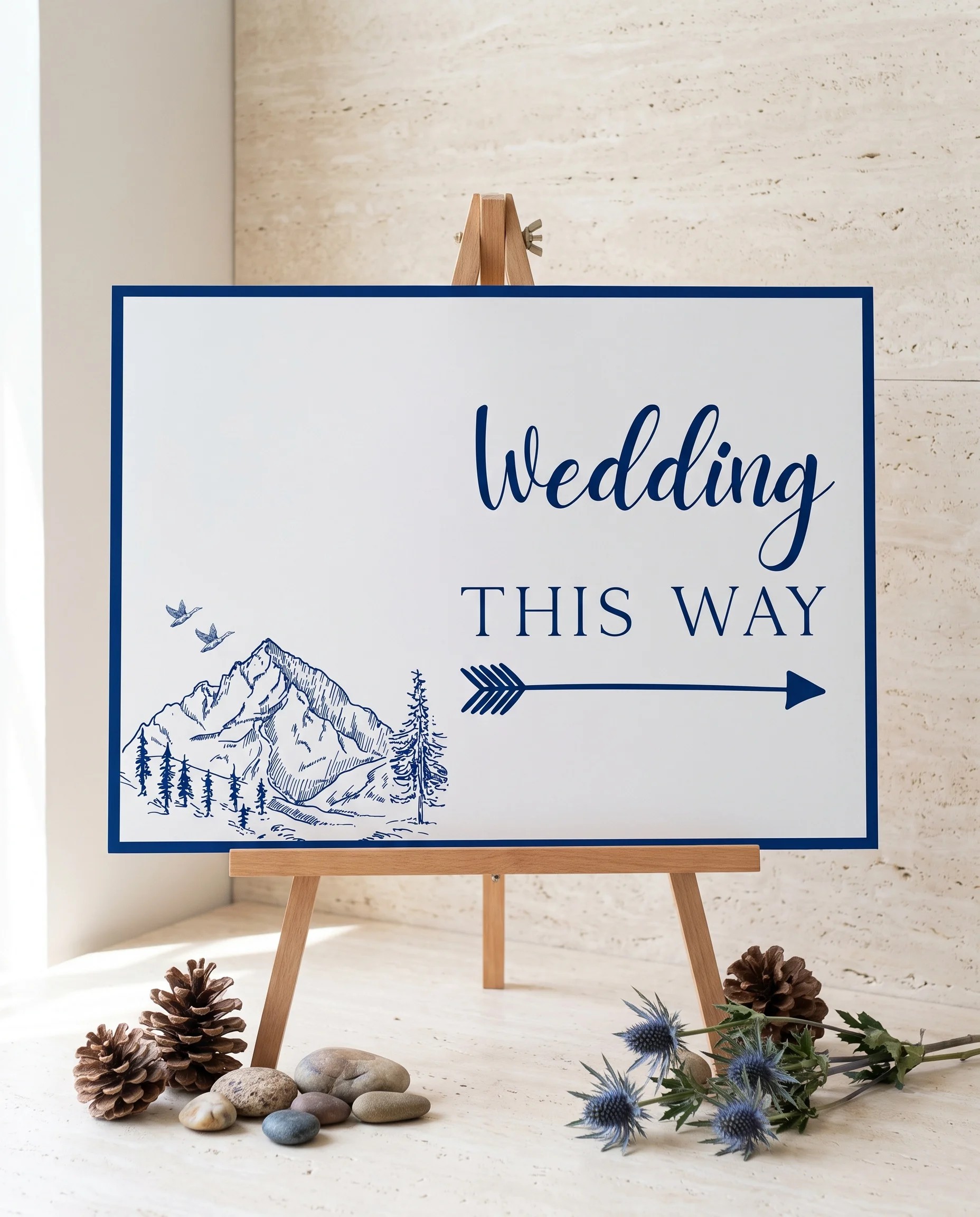 Blue Range wedding directional sign — displayed on an easel under soft natural light with a slight overhead angle, wedding signs.