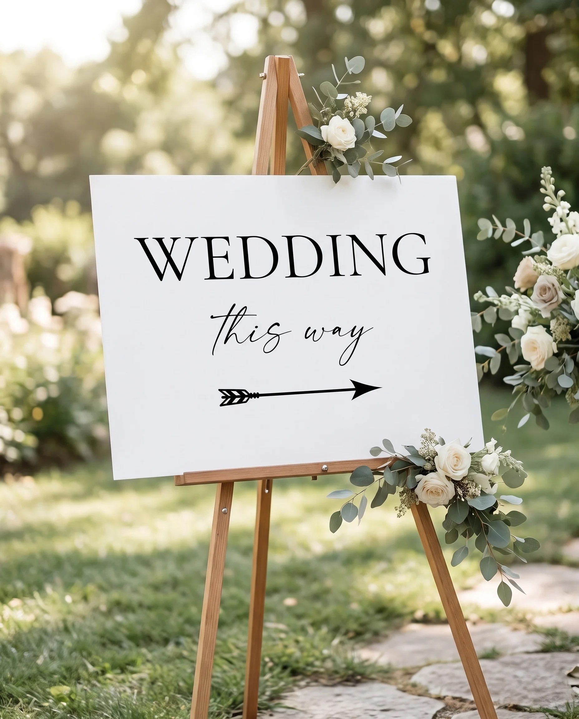 Arcadia wedding directional sign — displayed in a wedding venue setting under soft natural light with a slight overhead angle, wedding signage