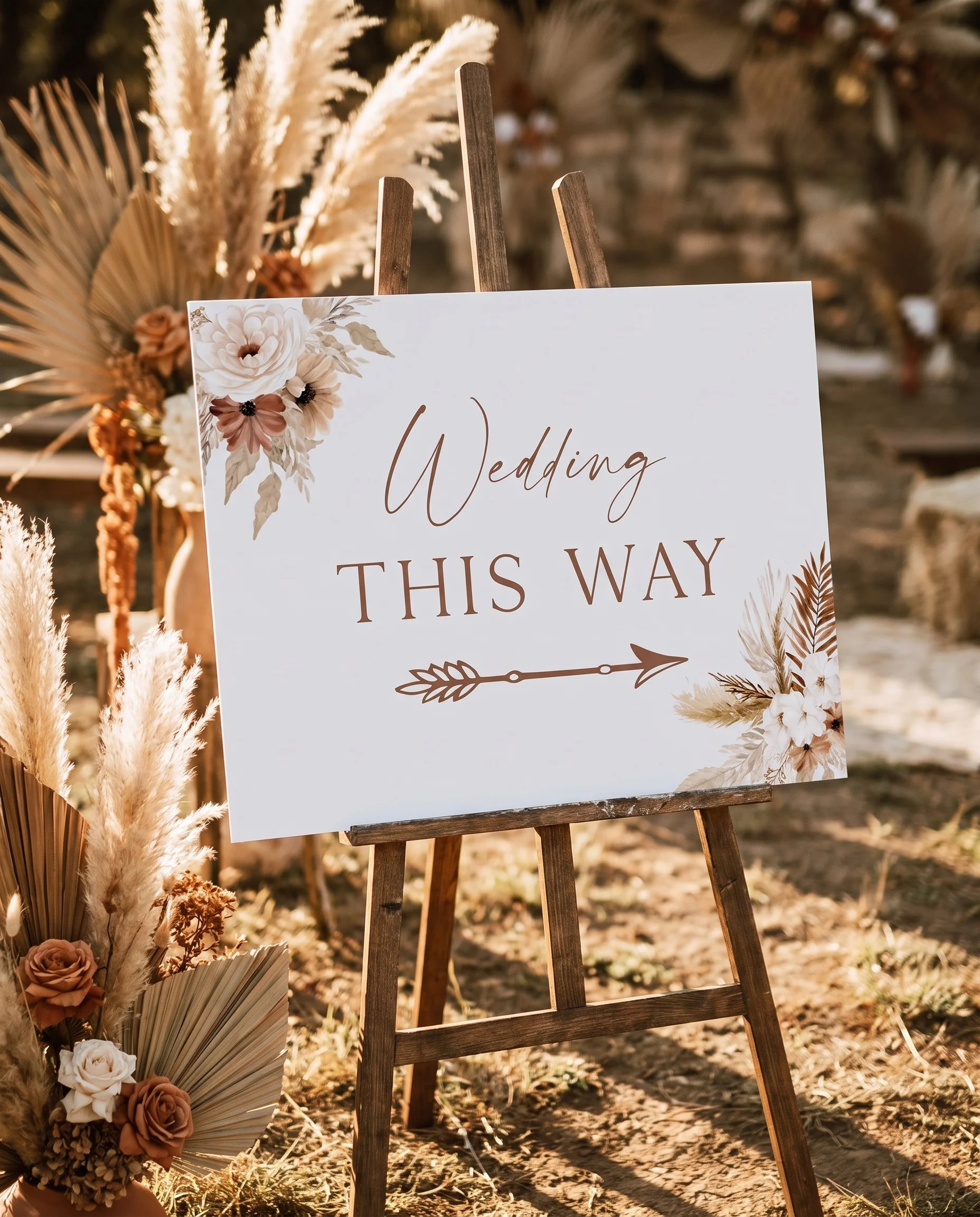 Pampas Bloom wedding directional sign — displayed in a wedding venue setting under soft natural light, wedding signage.