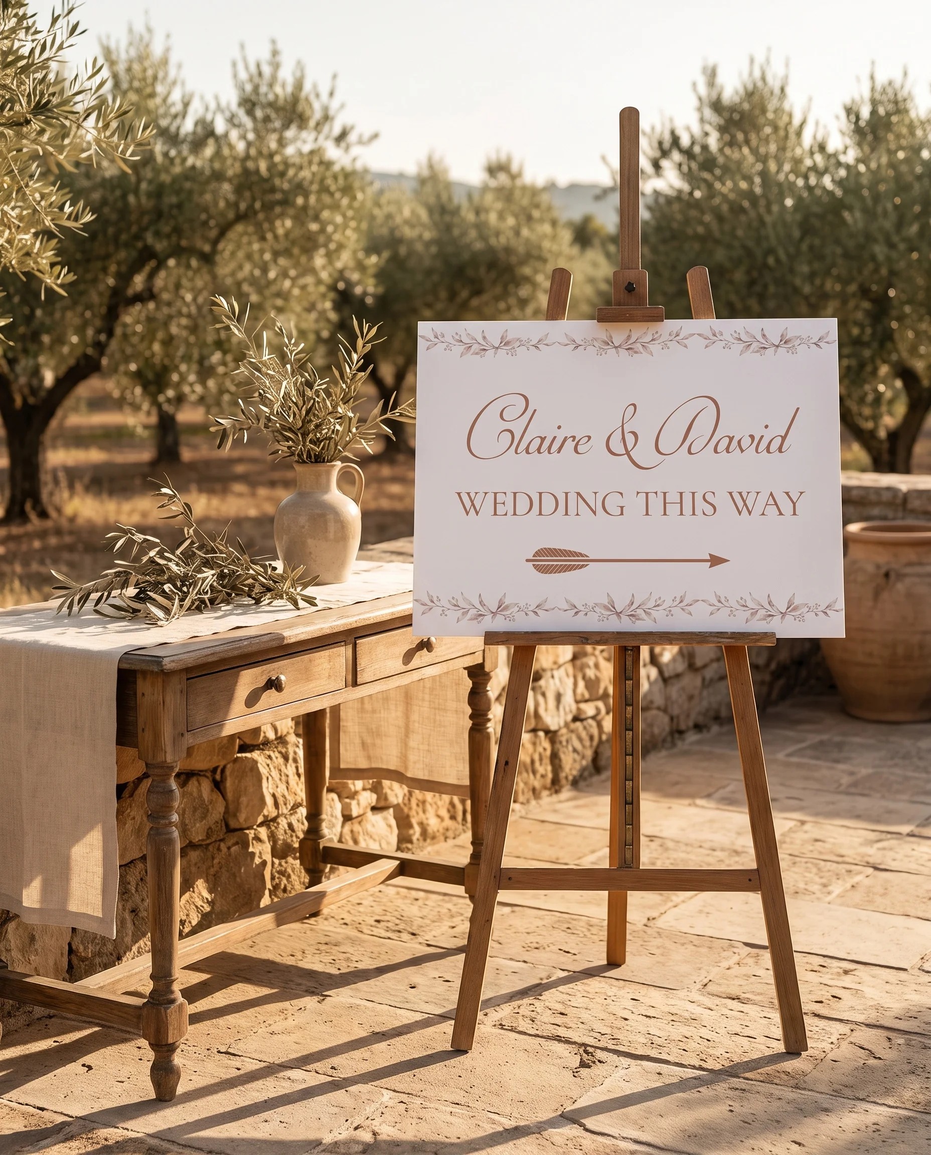Sepia Sprig wedding directional sign — shown beside furniture for scale under soft natural light, printable wedding signs.