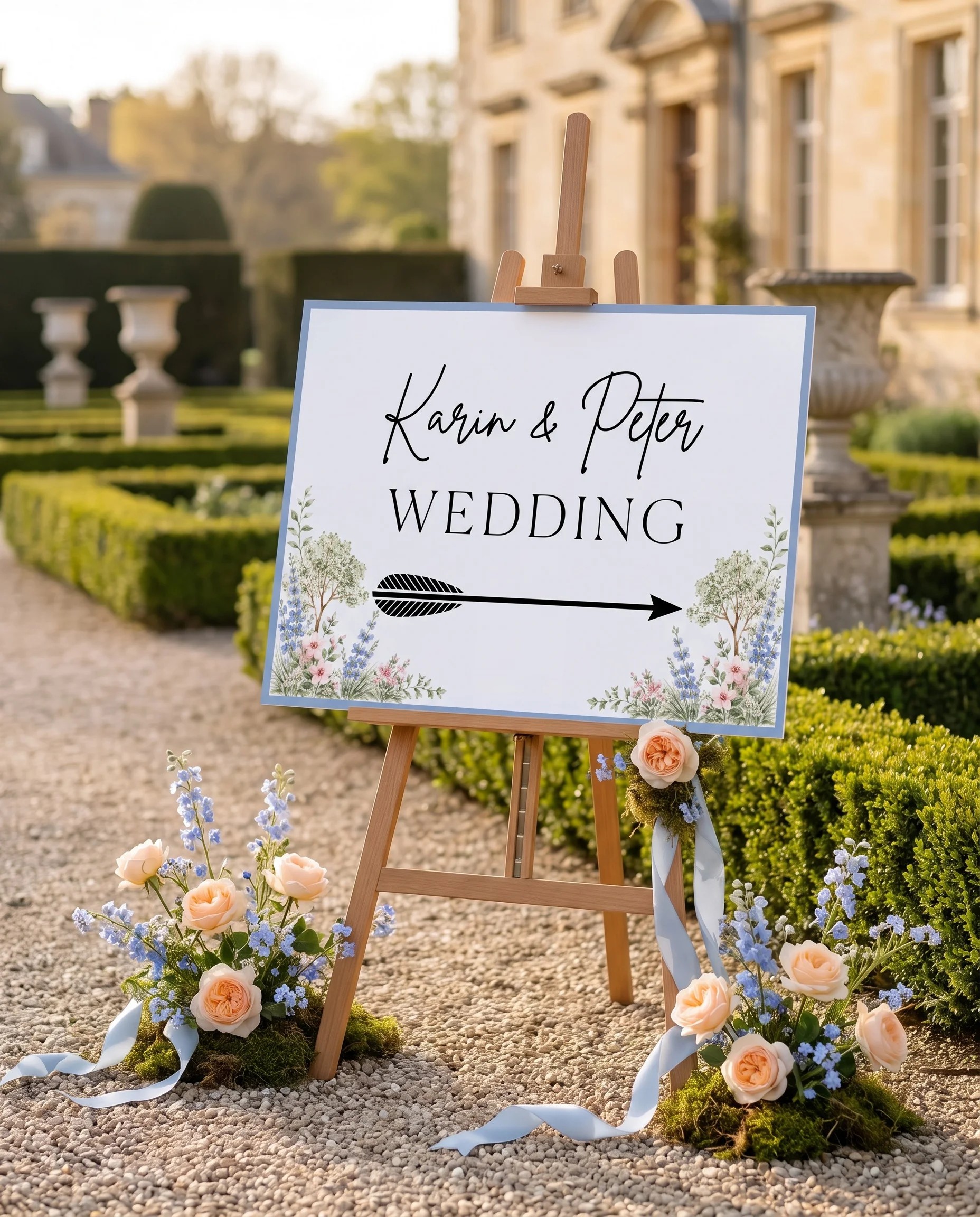 Meadow Spire wedding directional sign — displayed in a wedding venue setting under soft natural overhead light, wedding signage.