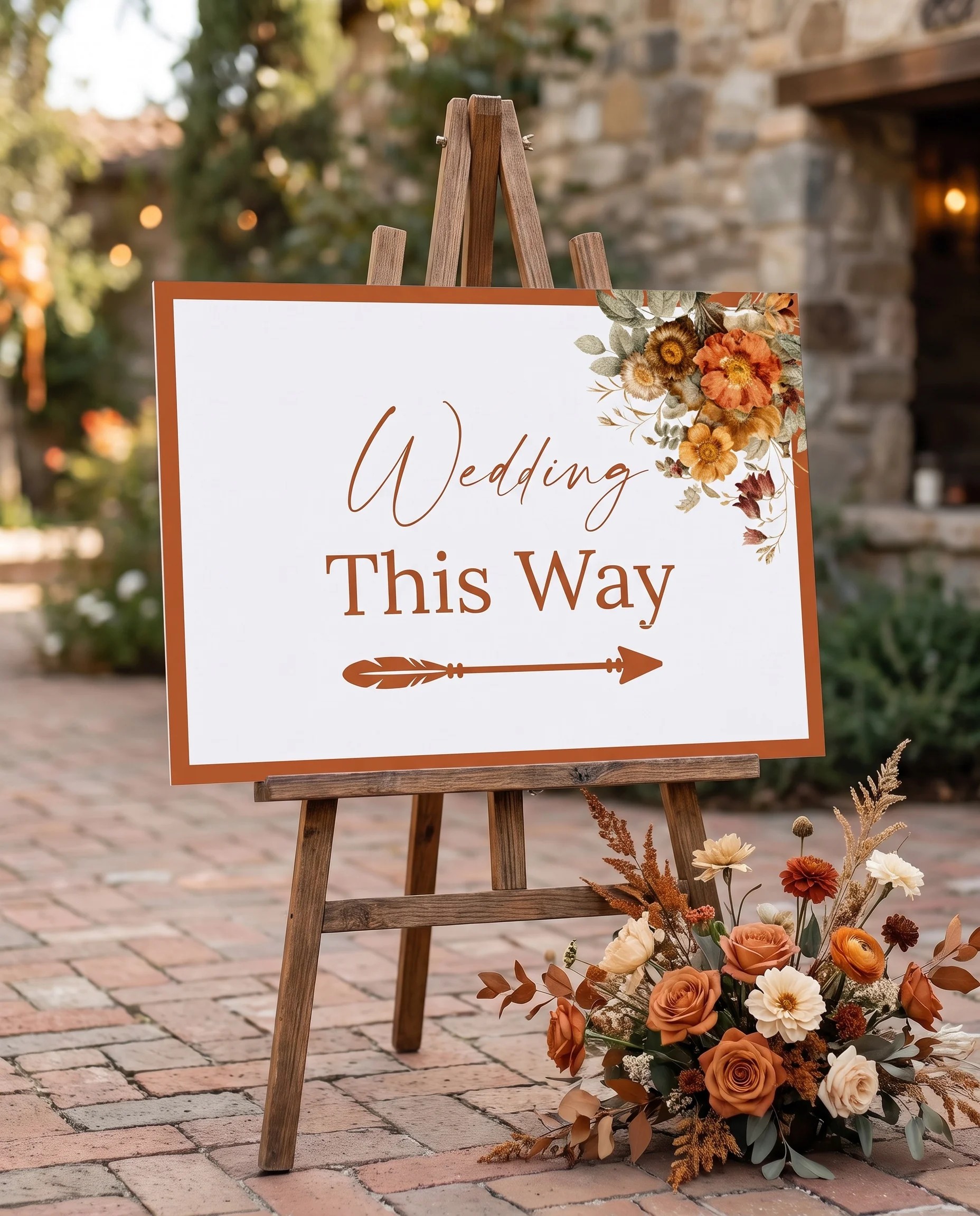 Terracotta Crown wedding directional sign — displayed in a wedding venue setting under soft natural light with a slight overhead angle, wedding signage.