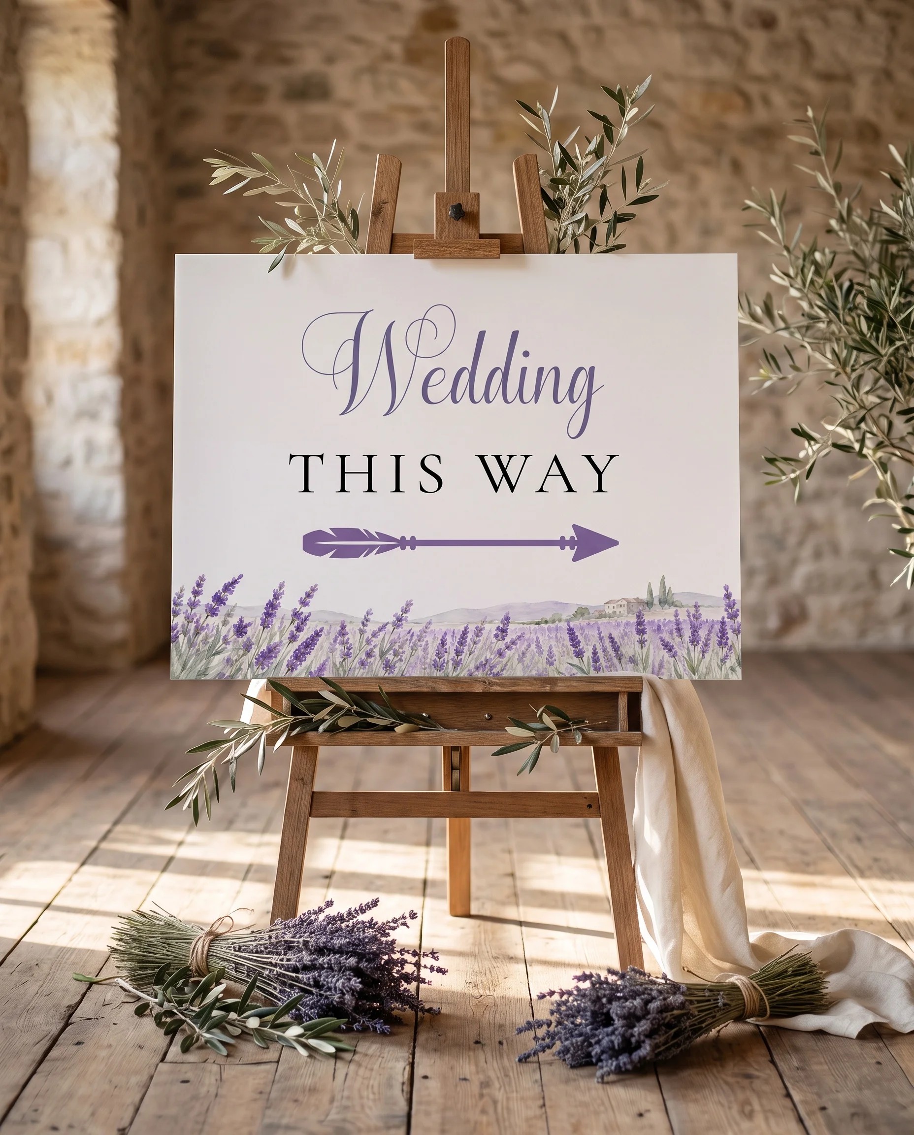 Provence Fields wedding directional sign — displayed on an easel under soft natural light with a slight overhead angle, wedding signs.