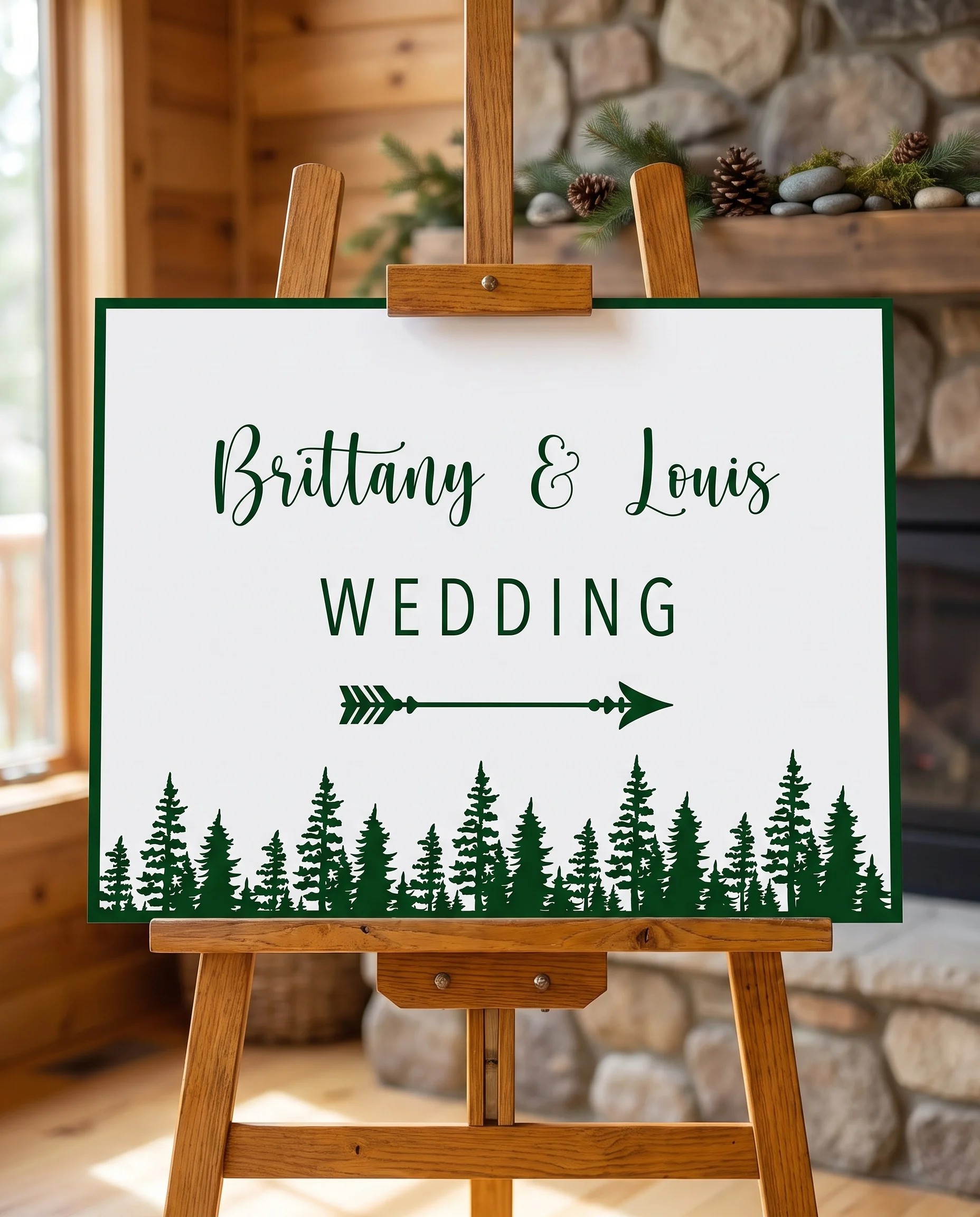 Evergreen Star wedding directional sign — displayed on an easel under soft natural light at a slight overhead angle, wedding signs