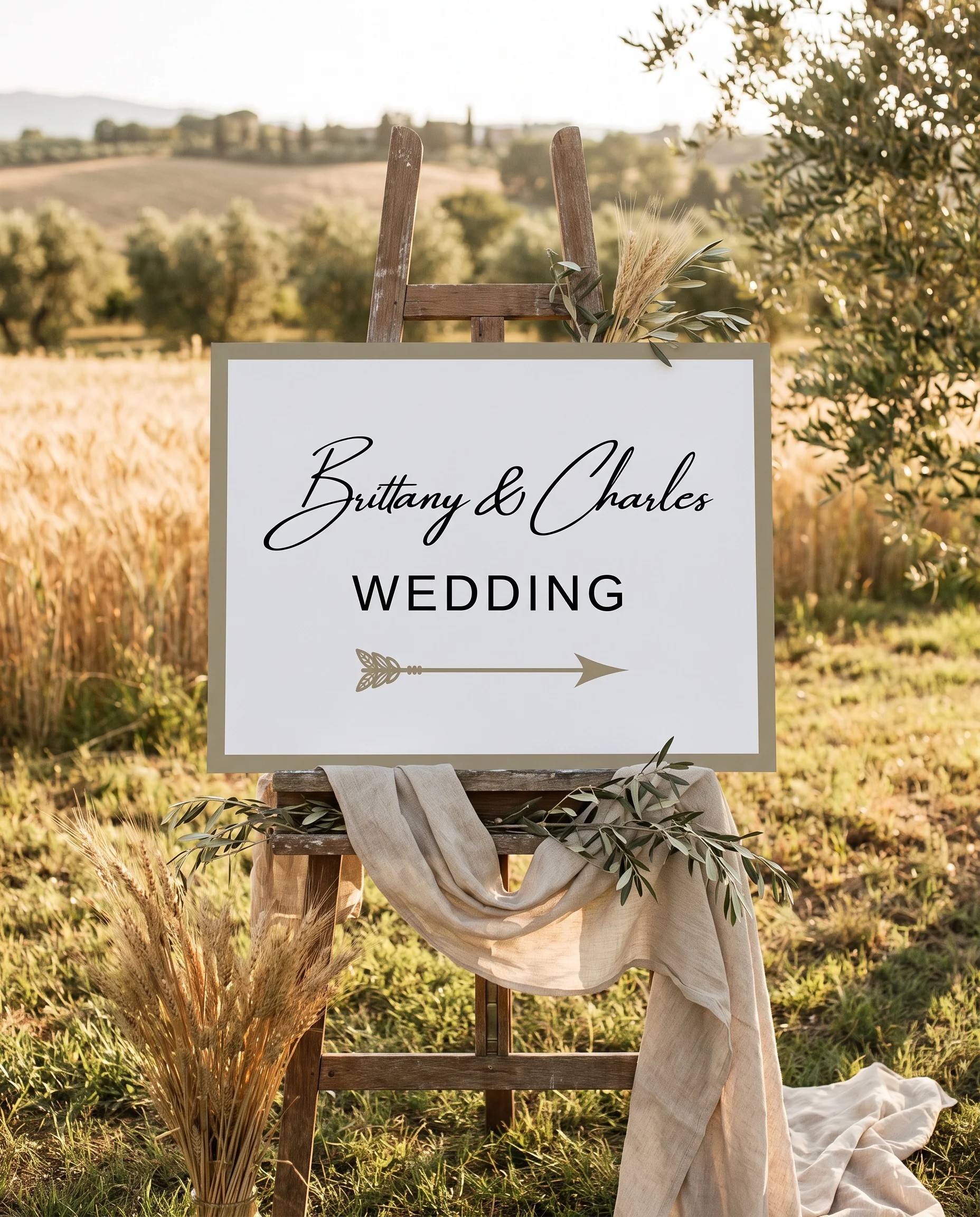 Golden Vale wedding directional sign — displayed on an easel under soft natural light at a slight overhead angle, wedding signs.