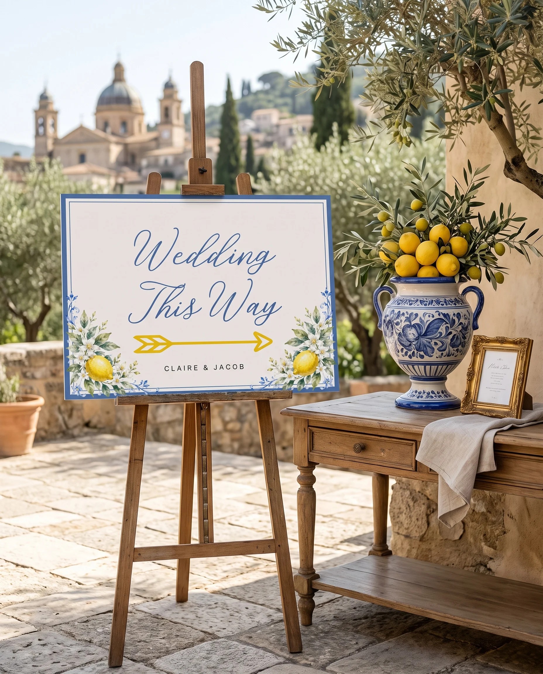 Amalfi Grove wedding directional sign — shown beside furniture for scale on premium editorial paper under soft natural light, printable wedding signs.