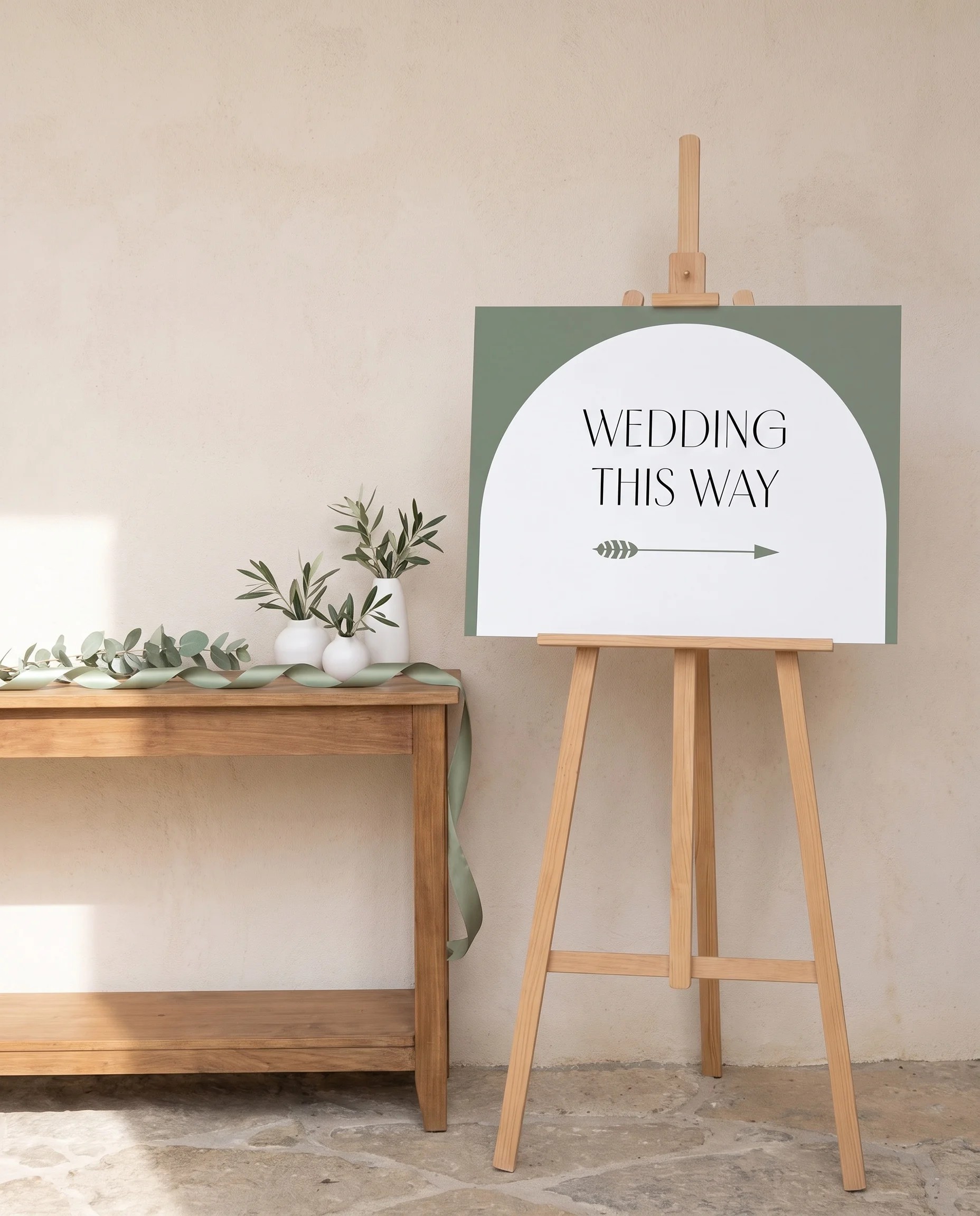 Arc Vale wedding directional sign — shown on premium editorial paper under soft natural light with a slight overhead angle, printable wedding signs.