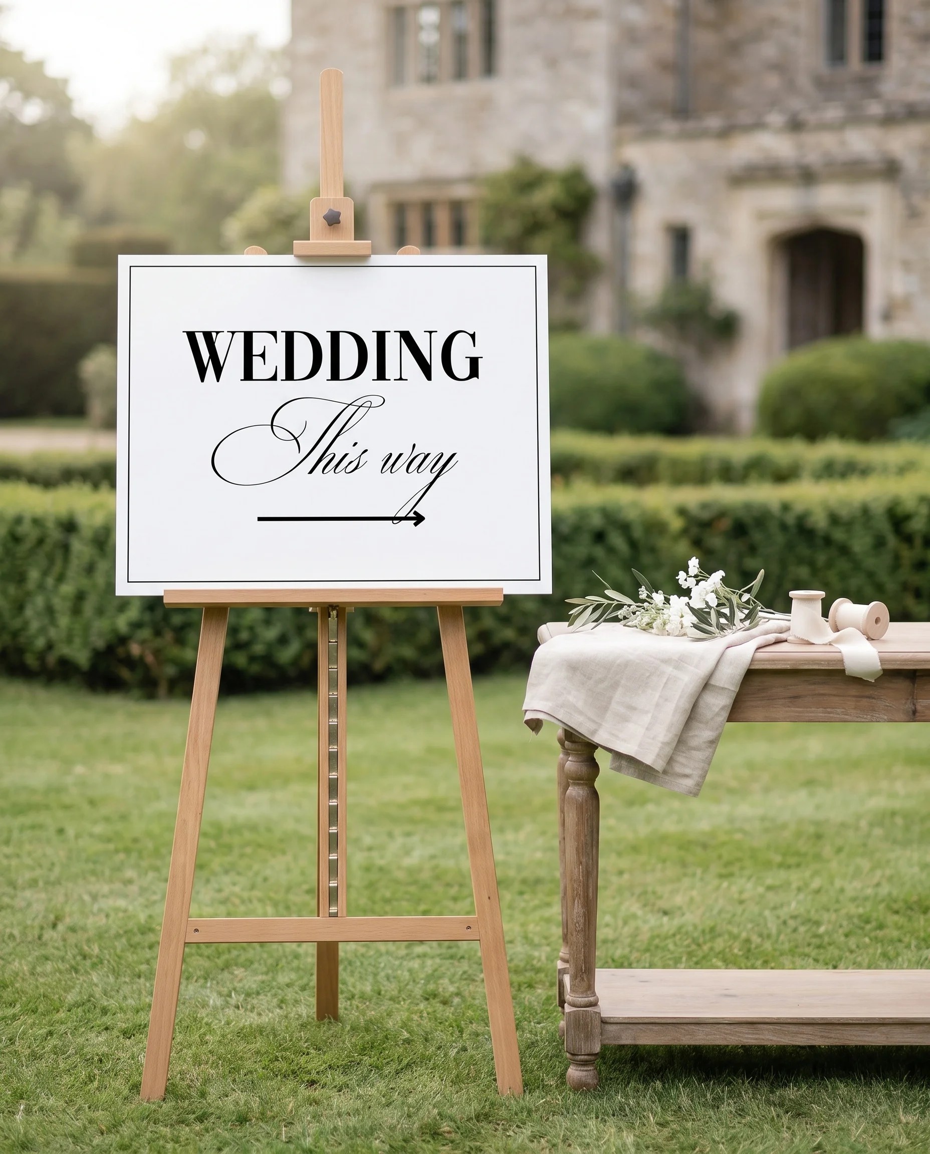 Crestline wedding directional sign — shown beside furniture for scale on premium editorial paper under soft natural light, printable wedding signs.