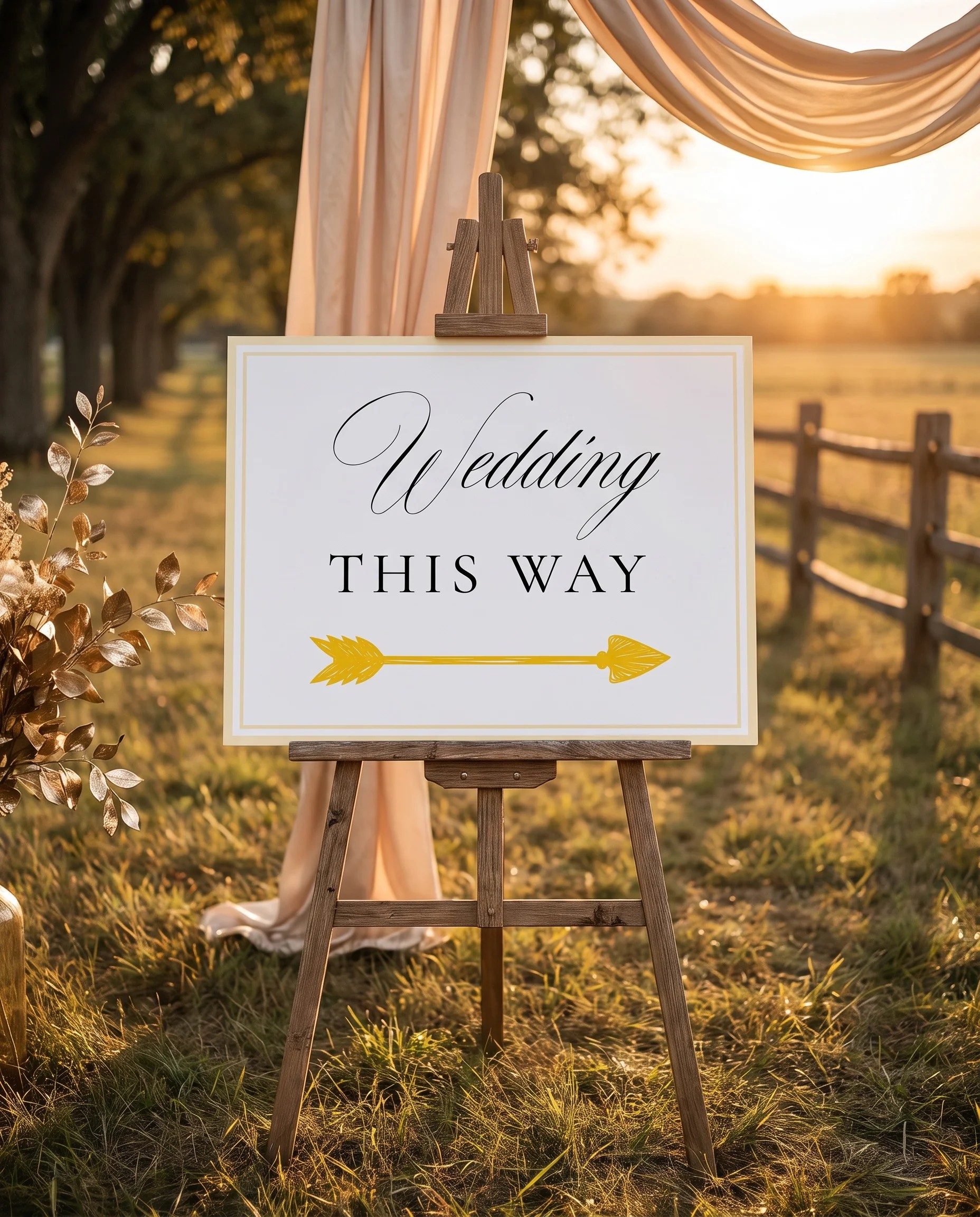 Gilded Bough wedding directional sign — displayed on an easel under soft natural light, premium editorial wedding signs.