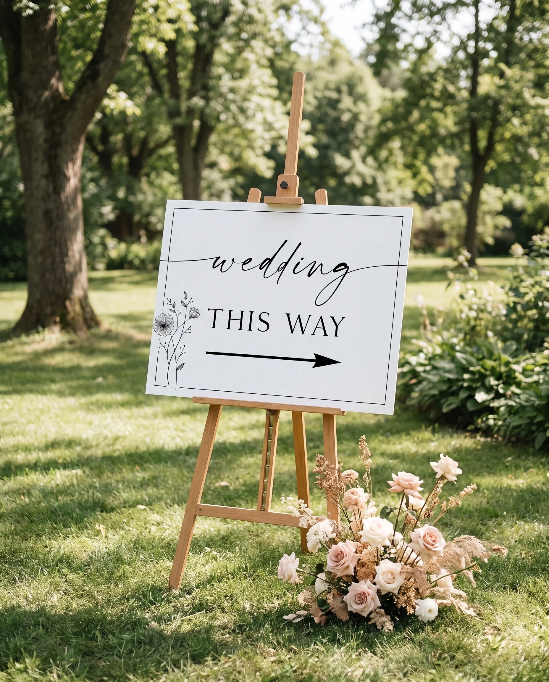 Hush Bloom wedding directional sign — displayed in a wedding venue setting under soft natural light, wedding signage.