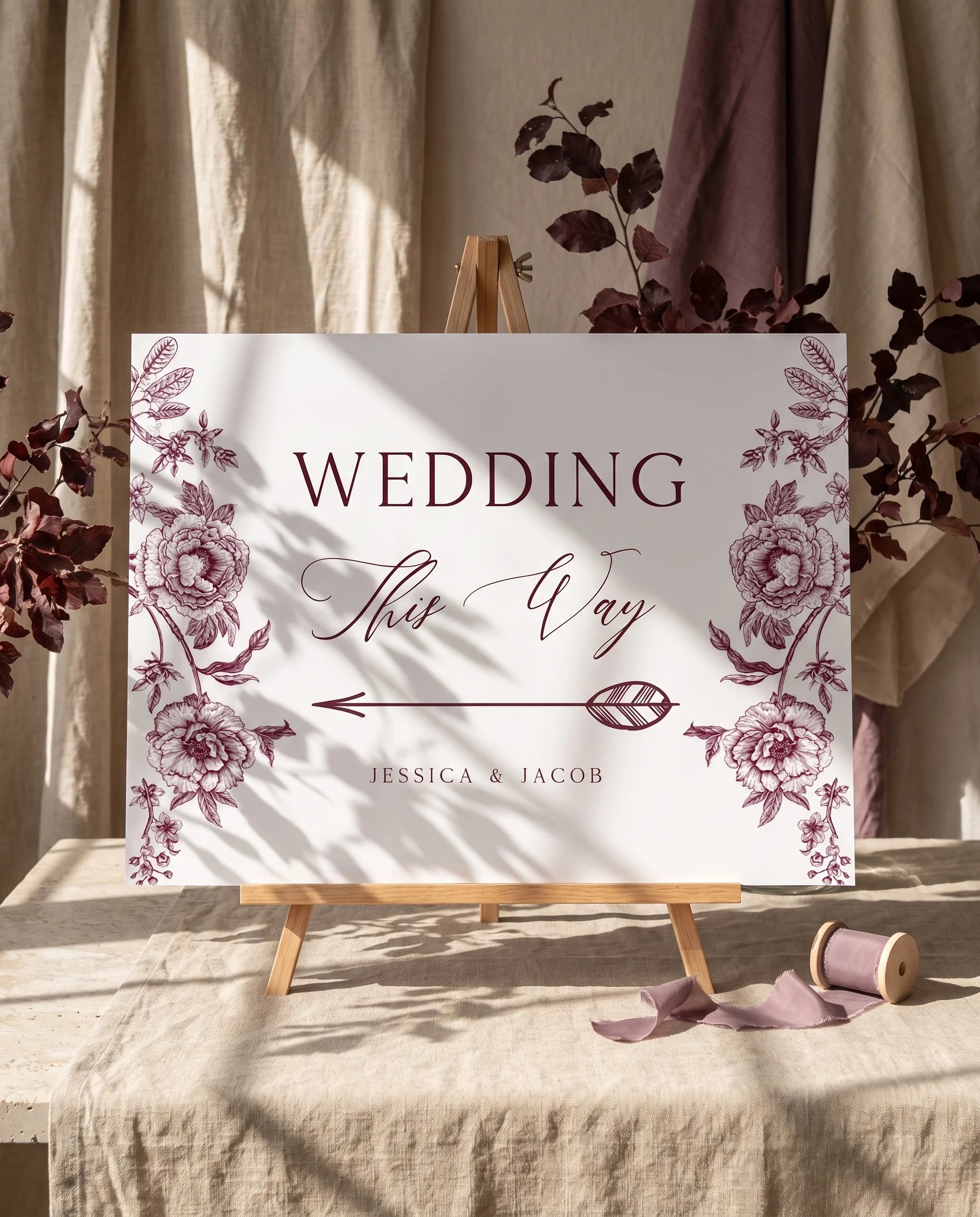 Chantilly wedding directional sign — displayed on an easel under soft natural light at a slight overhead angle, wedding signs