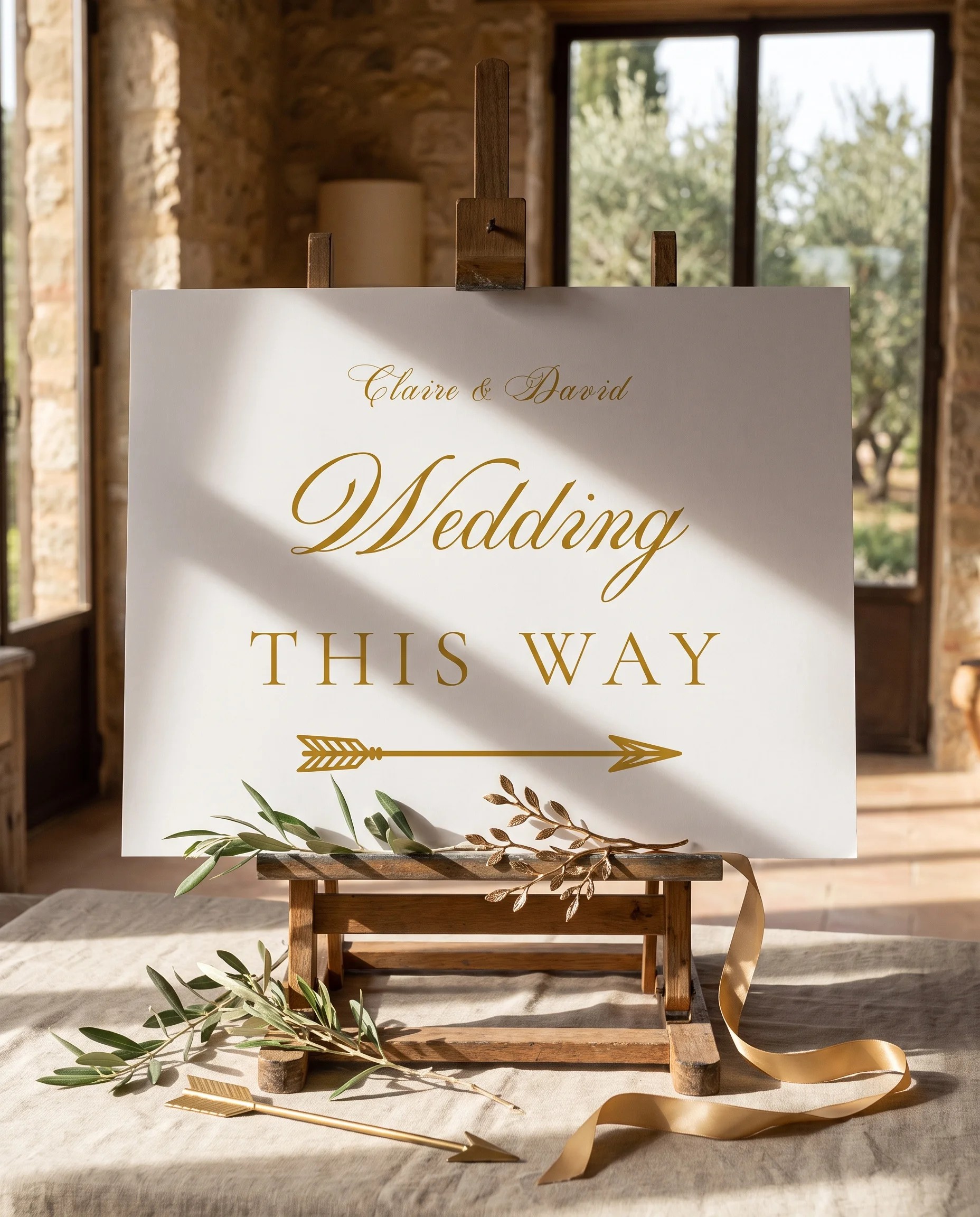 Gilded Arrow wedding directional sign — displayed on an easel under soft natural light at a slight overhead angle, wedding signs