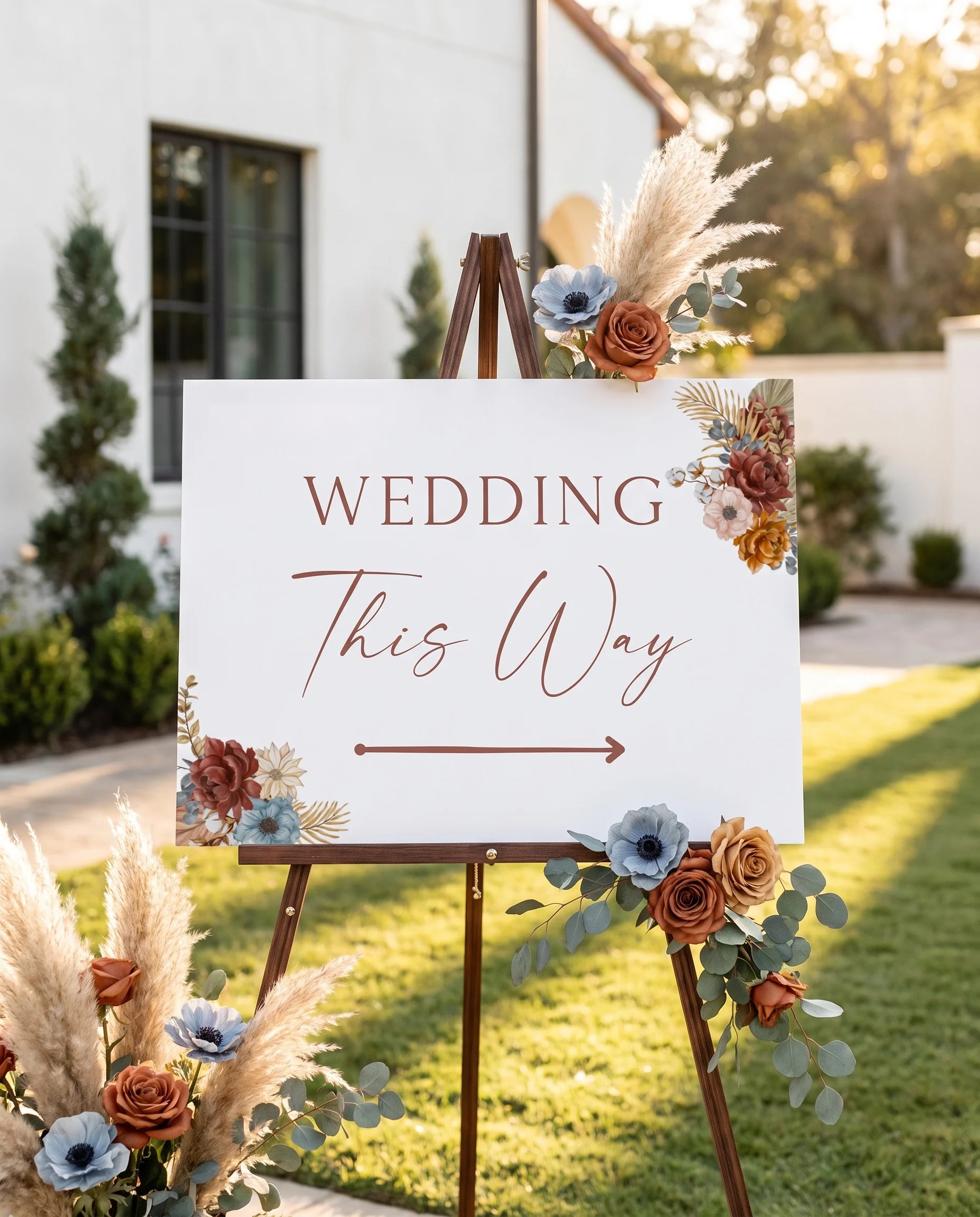 Marisol Bloom wedding directional sign — displayed in a wedding venue setting under soft natural light, wedding signage.