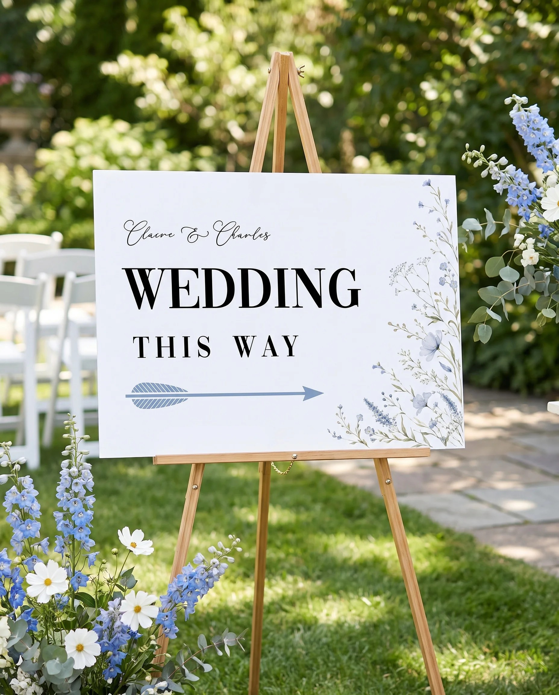 Azure Sprig wedding directional sign — displayed in a wedding venue setting with a slight overhead angle in soft natural light, wedding signage.