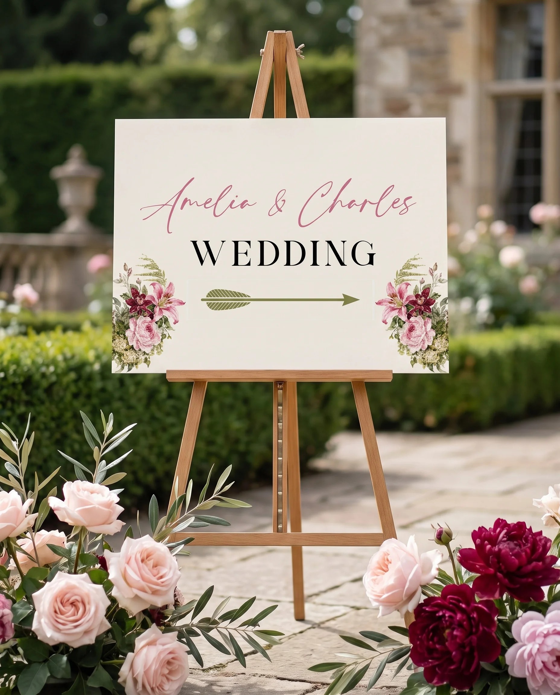 Rosevale wedding directional sign — displayed in a wedding venue setting on premium editorial paper under soft natural light, wedding signage.