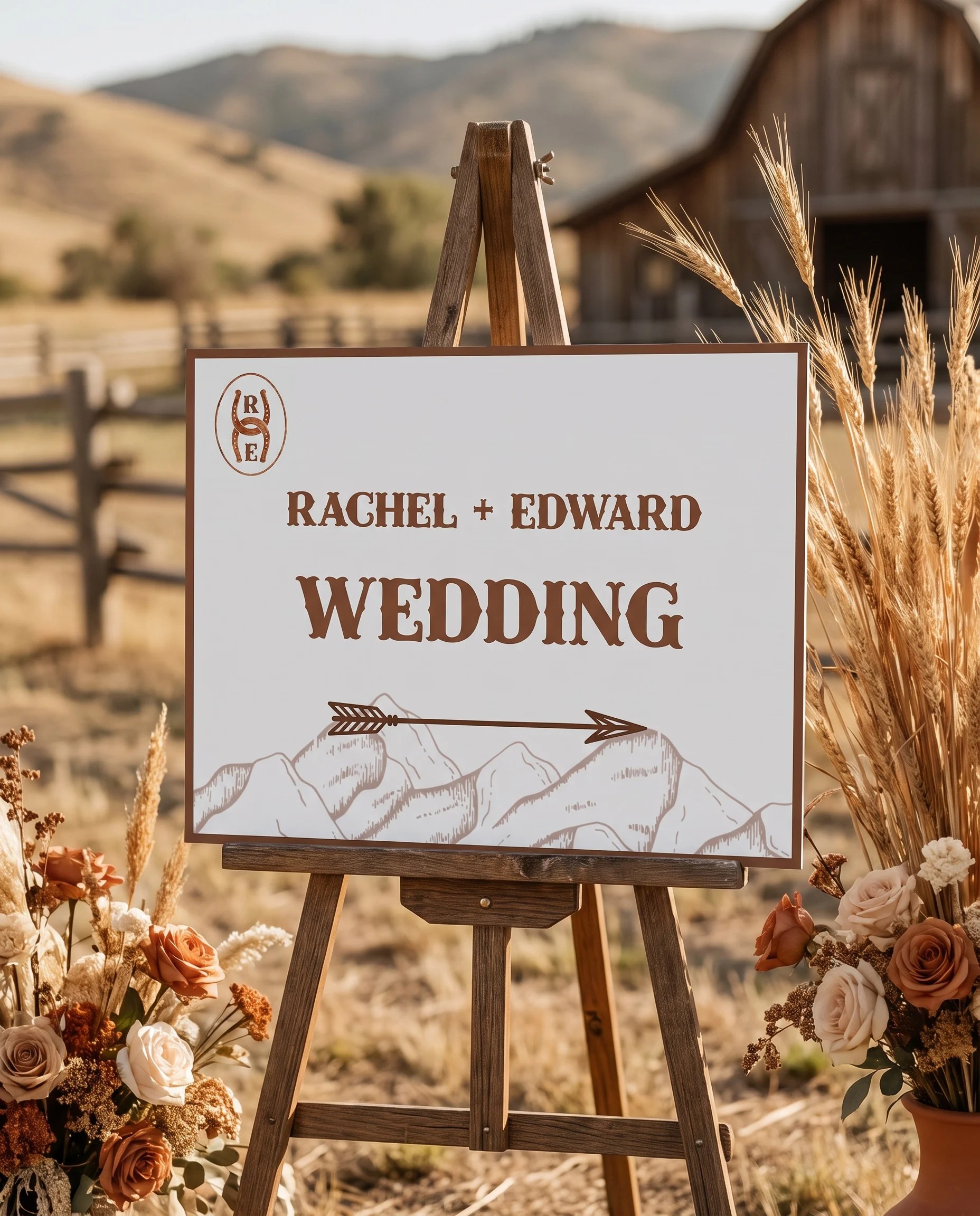 Saddle Crest wedding directional sign — displayed in a wedding venue setting under soft natural light with a slight overhead angle, wedding signage.