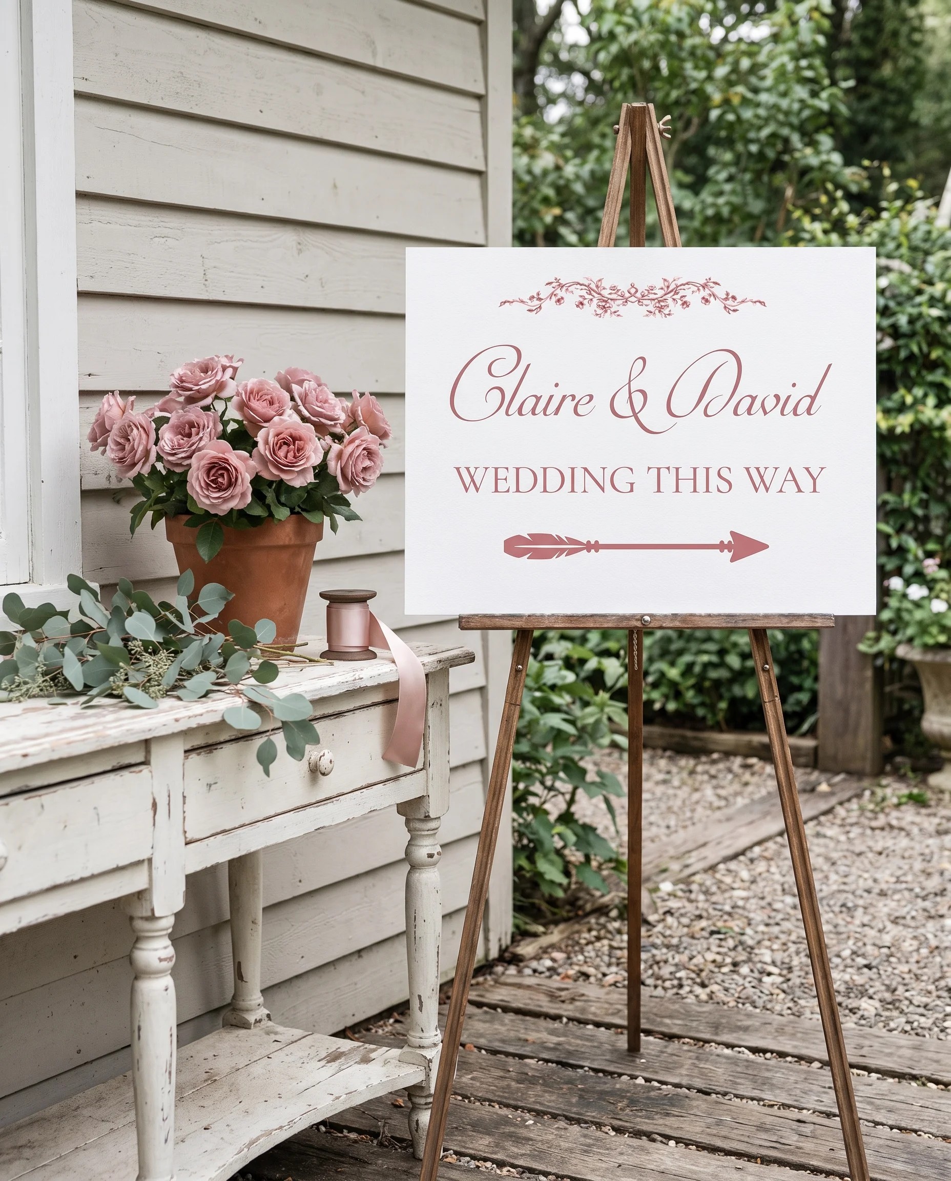 Rosewood Trellis wedding directional sign — shown beside furniture for scale on premium editorial paper under soft natural light, printable wedding signs.