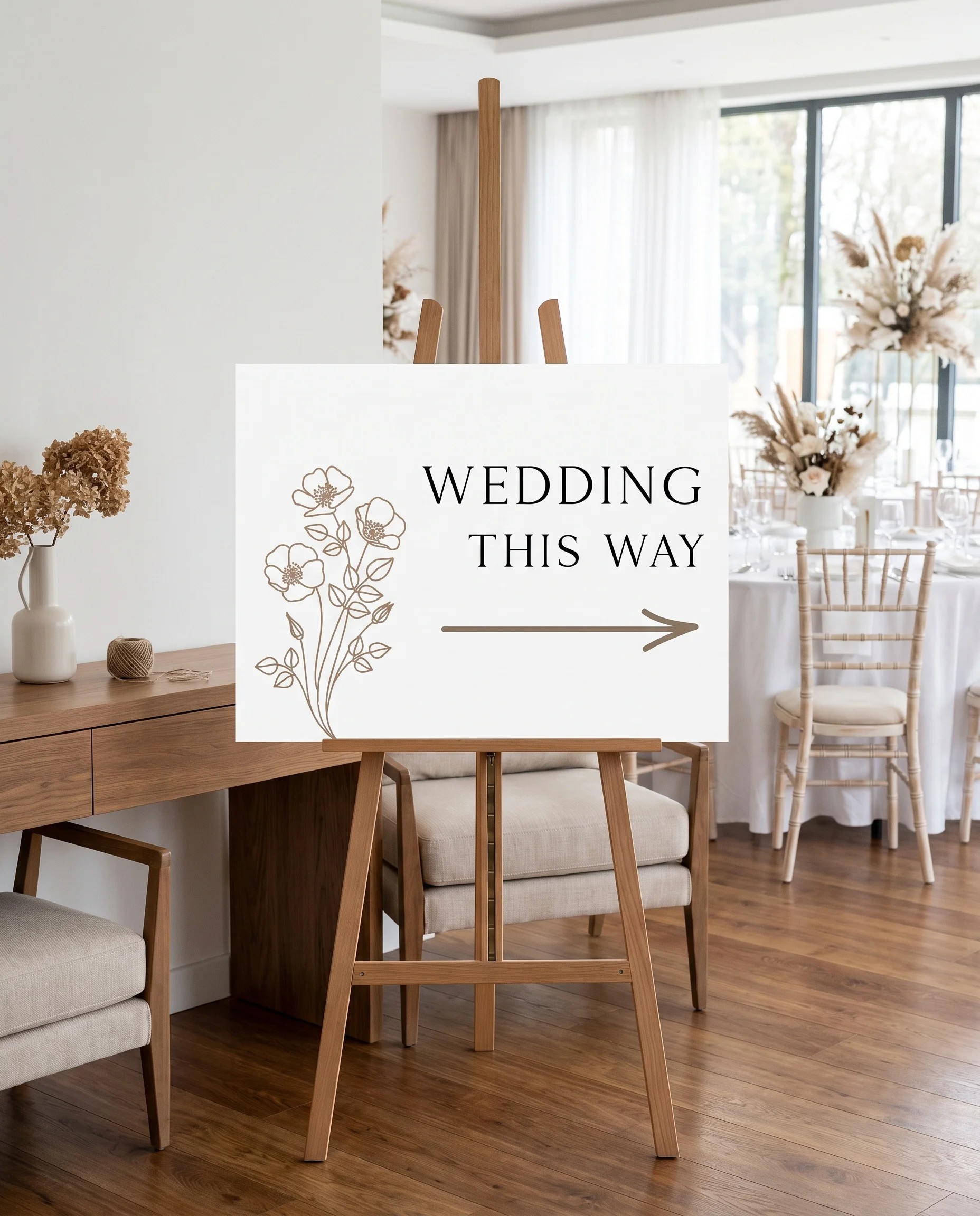 Anemora wedding directional sign — shown beside furniture for scale on premium editorial paper under soft natural light, printable wedding signs.