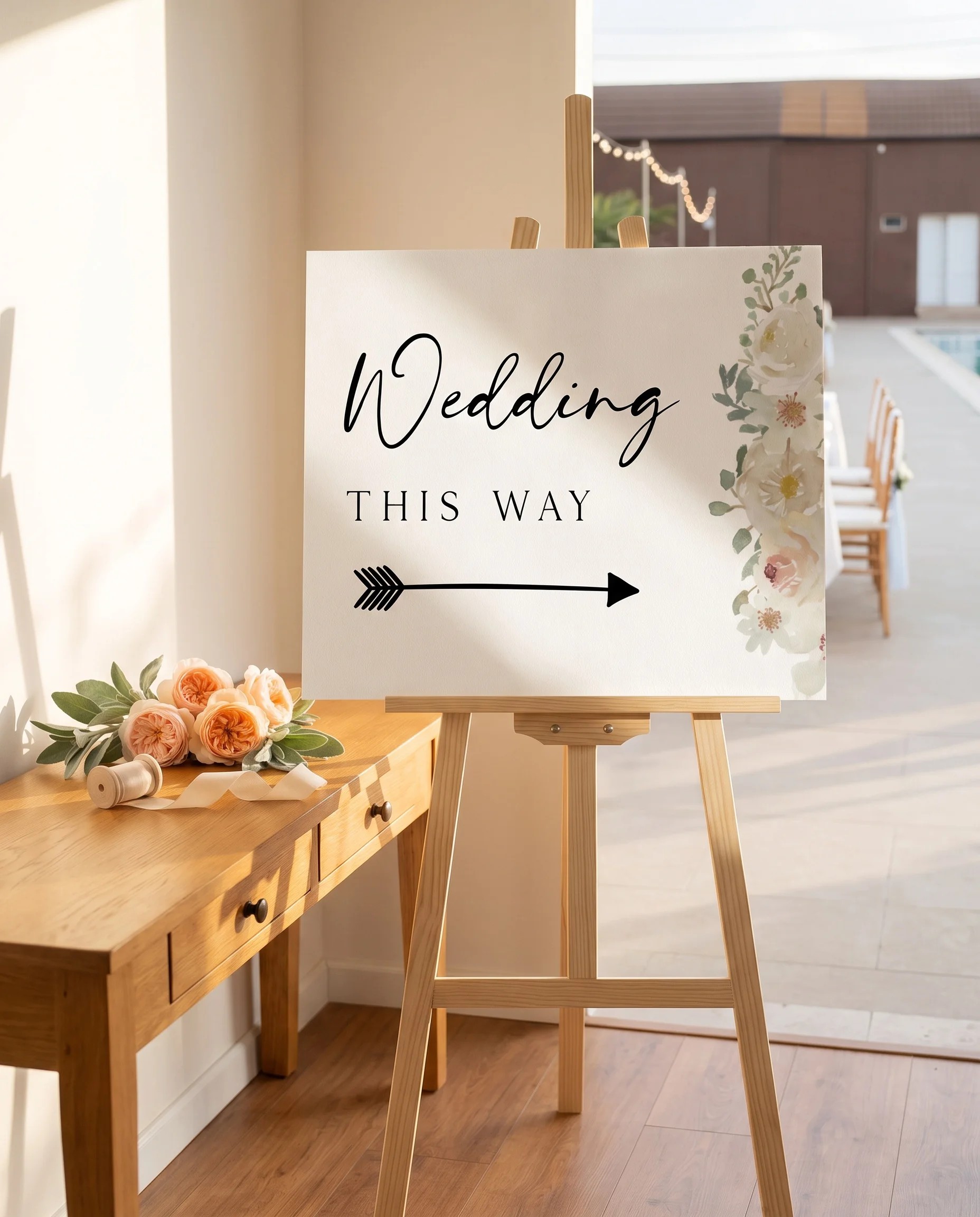 Seraphine wedding directional sign — shown beside furniture for scale under soft natural light, slight overhead angle, printable wedding signs.