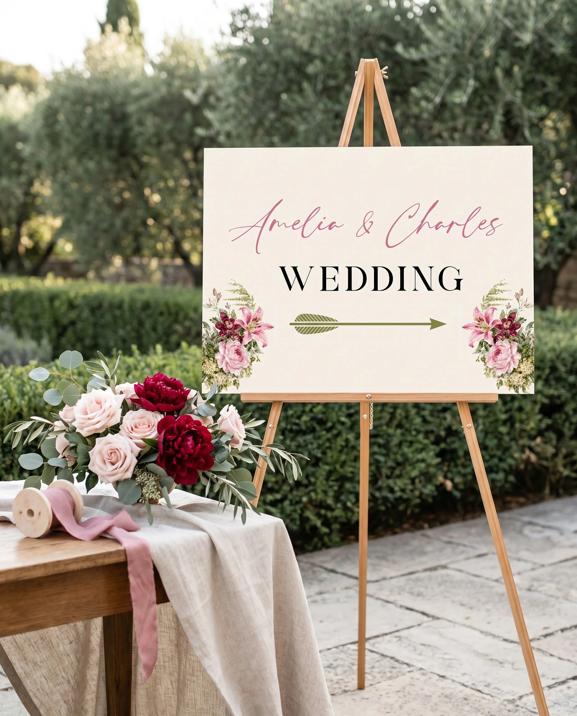 Rosevale wedding directional sign — shown beside furniture for scale on premium editorial paper under soft natural light, printable wedding signs.