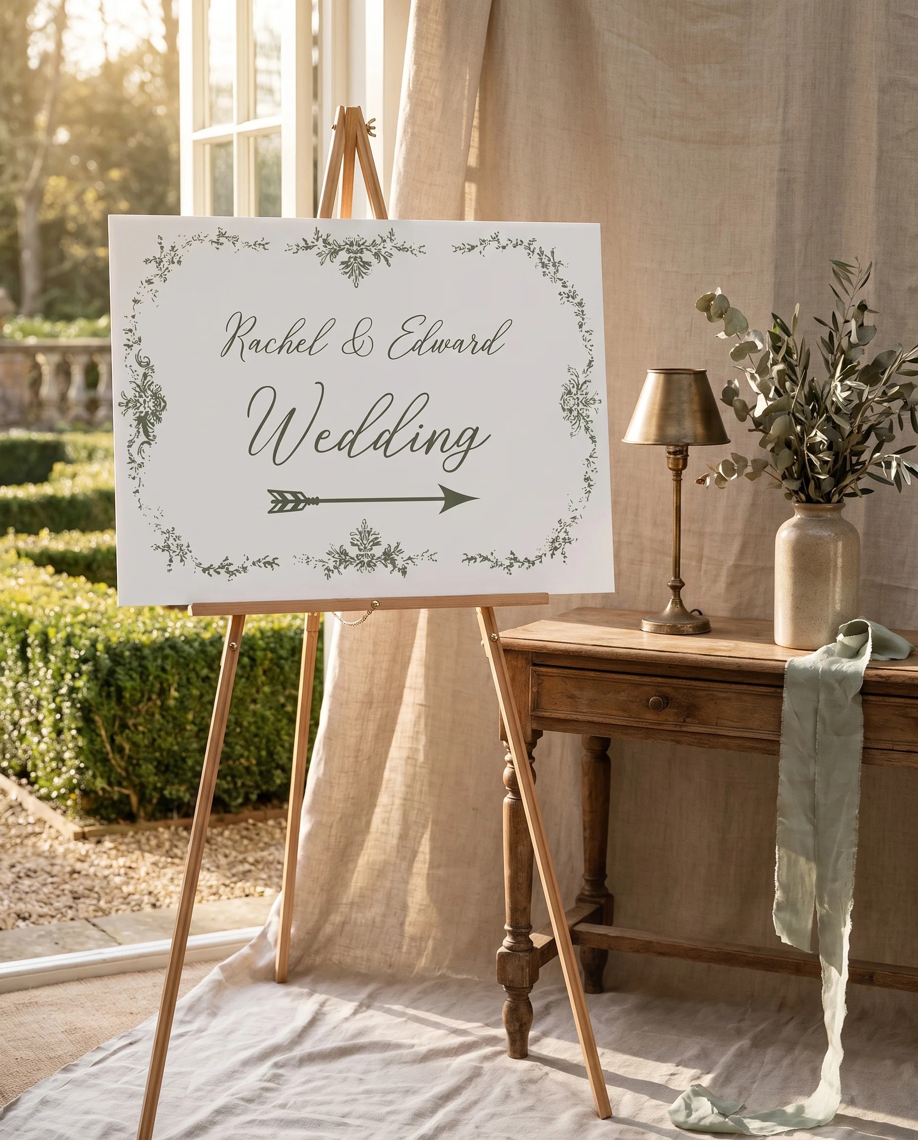 Sage Crest wedding directional sign — shown beside furniture for scale under soft natural light, printable wedding signs.