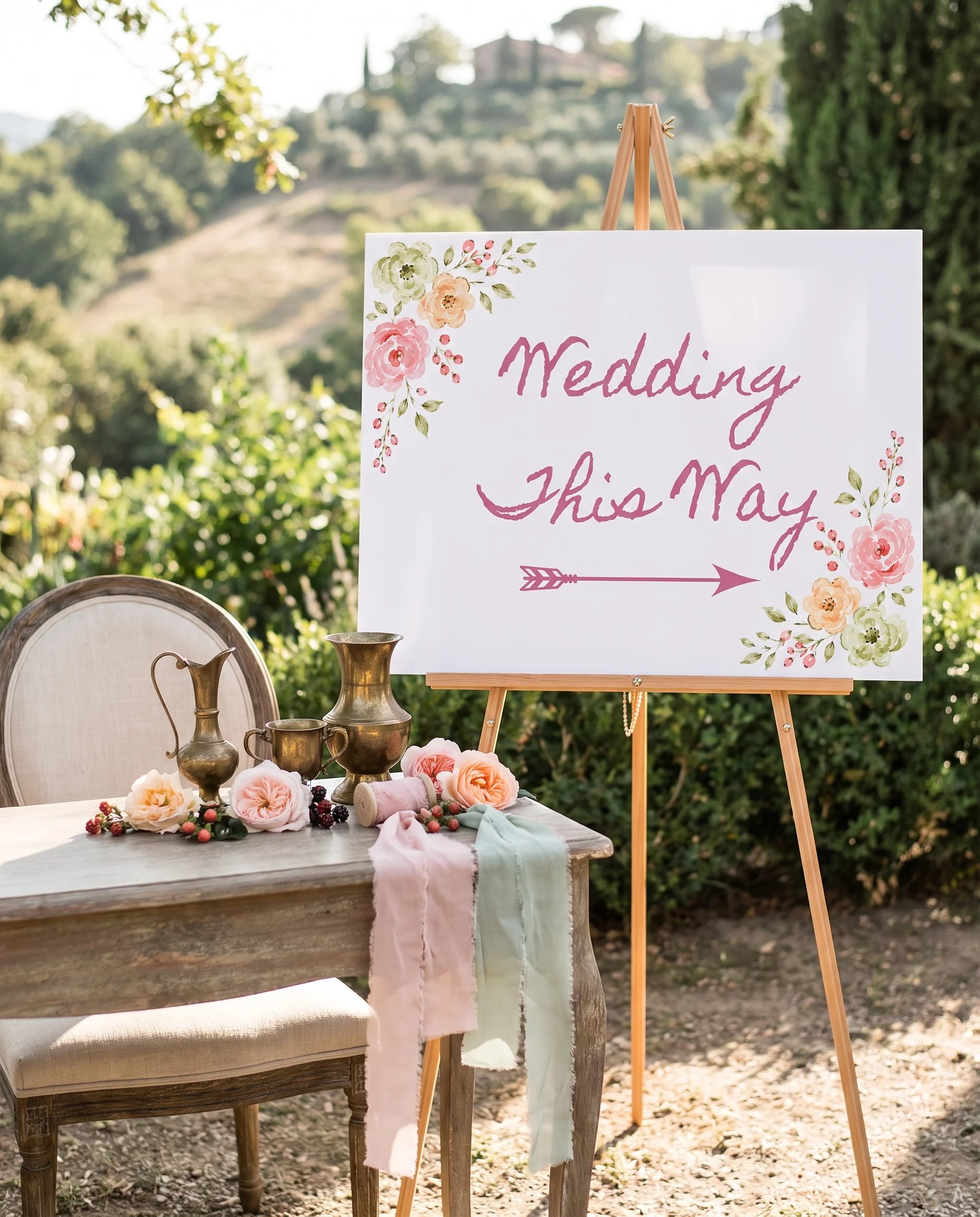 Blush Garland wedding directional sign — shown beside furniture for scale on premium editorial paper under soft natural light, printable wedding signs.