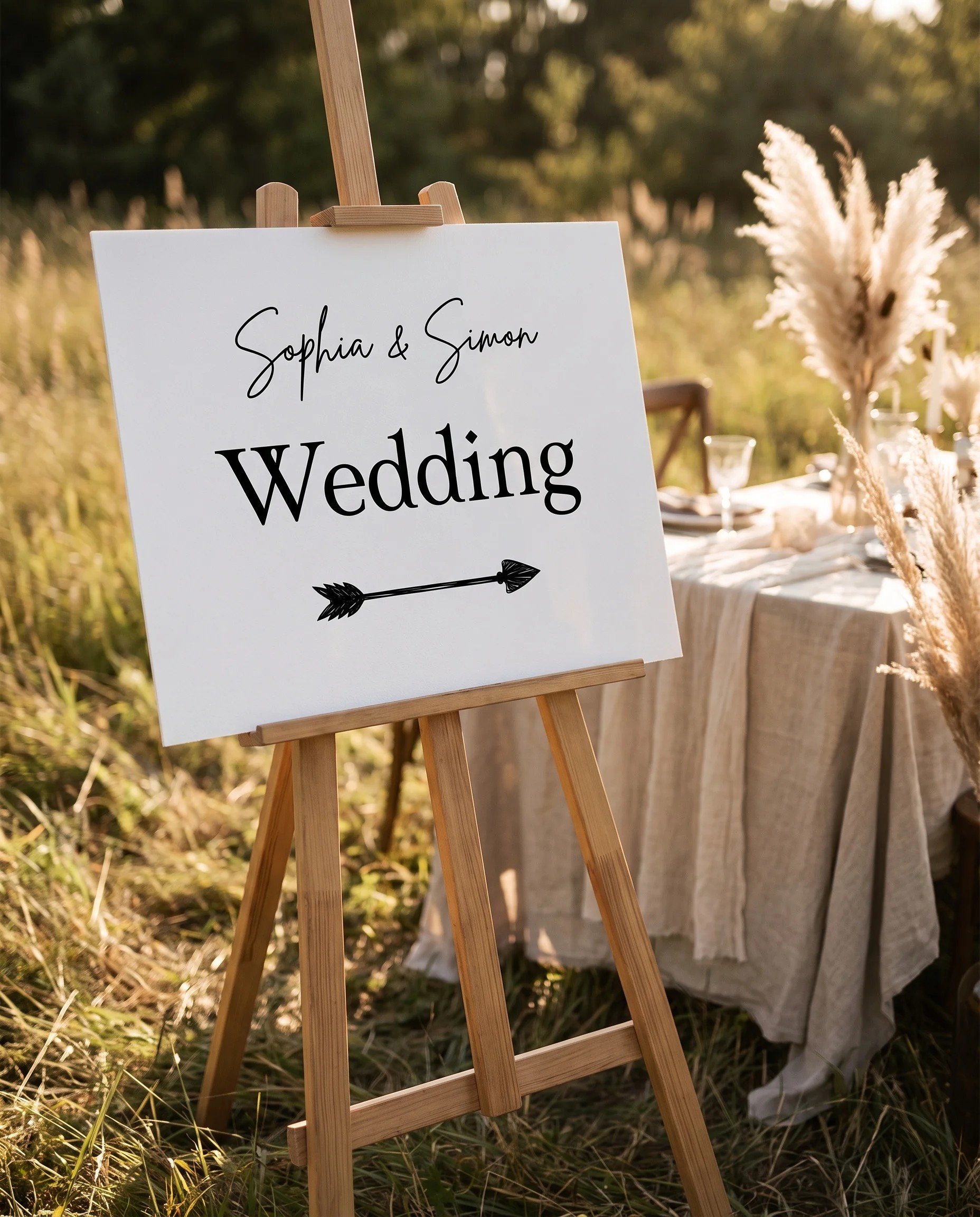 Arrowcrest wedding directional sign — displayed in a wedding venue setting under soft natural light, premium editorial wedding signage.