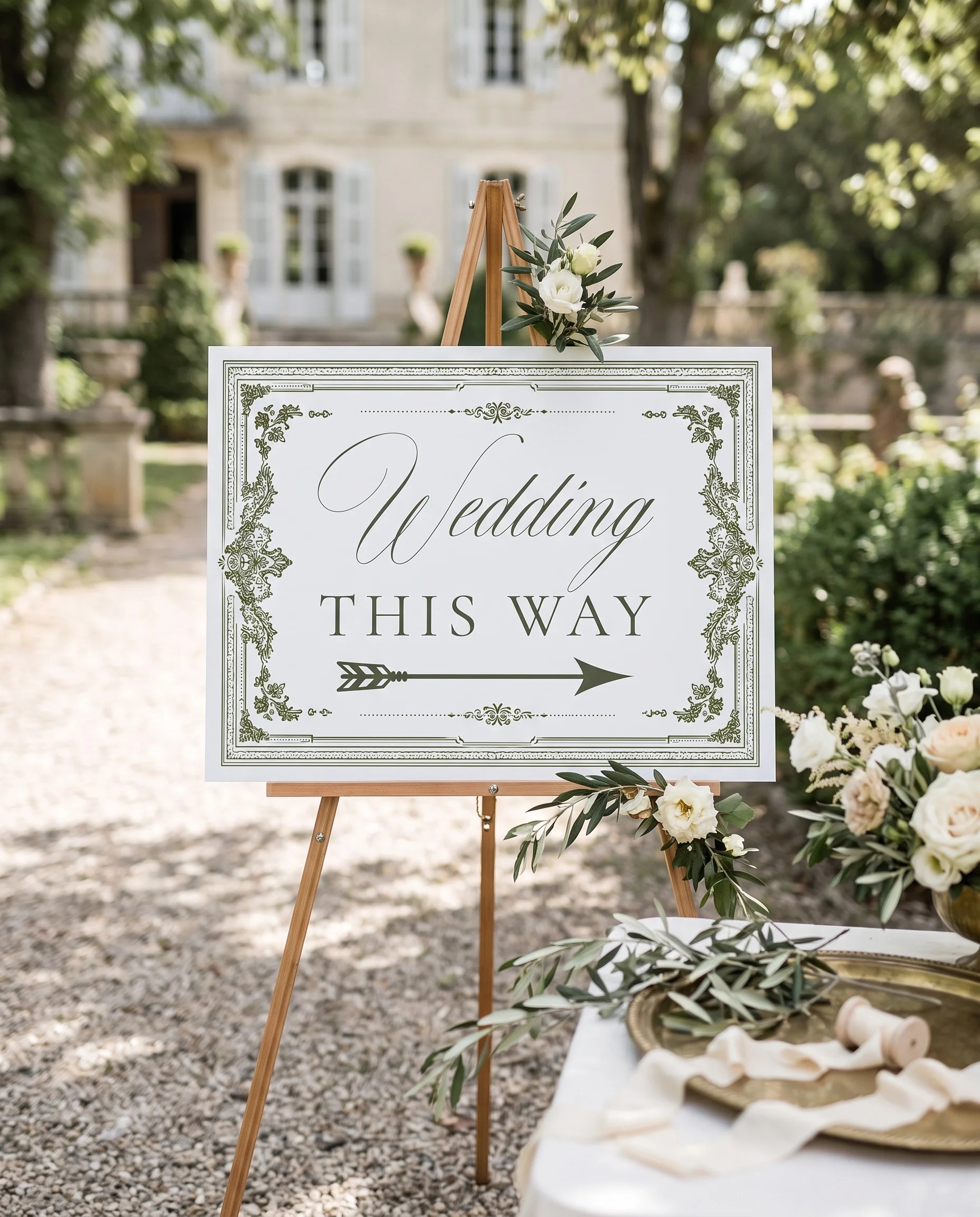 Verdant Filigree wedding directional sign — shown in a wedding venue setting under soft natural light, slight overhead angle, wedding signage.