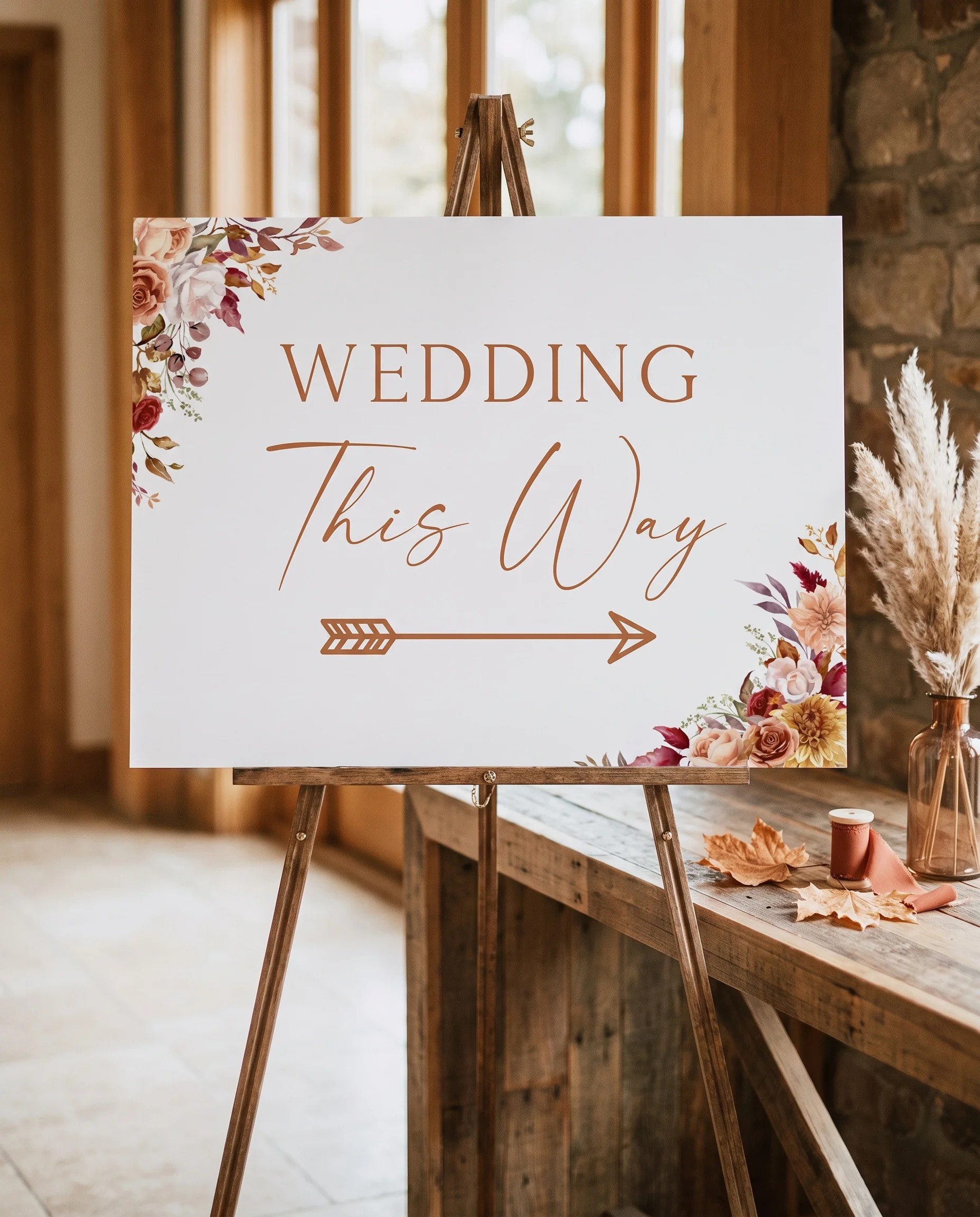 Autumn Bloom wedding directional sign — shown beside furniture for scale under soft natural light, printable wedding signs.