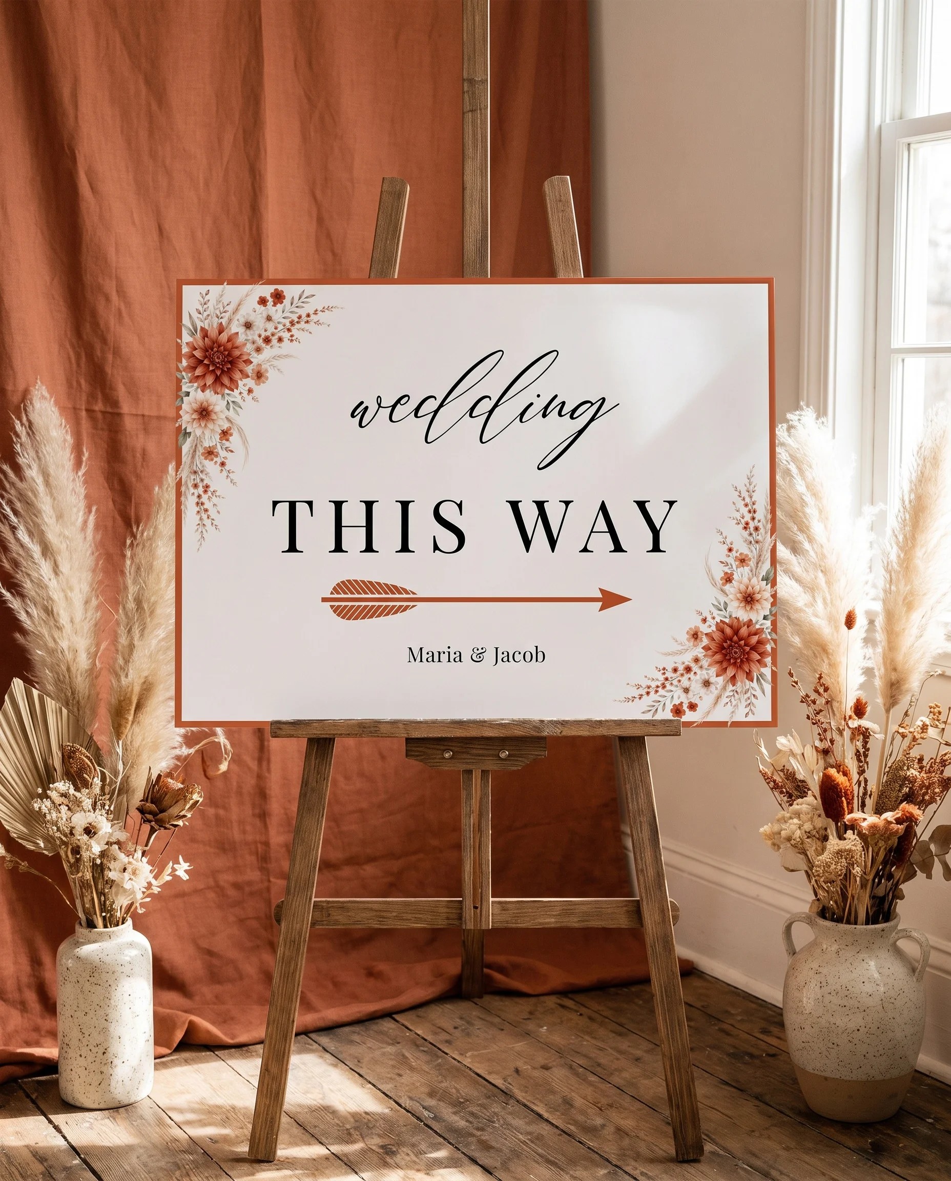 Dahlia Ember wedding directional sign — displayed on an easel under soft natural light at a slight overhead angle, wedding signs