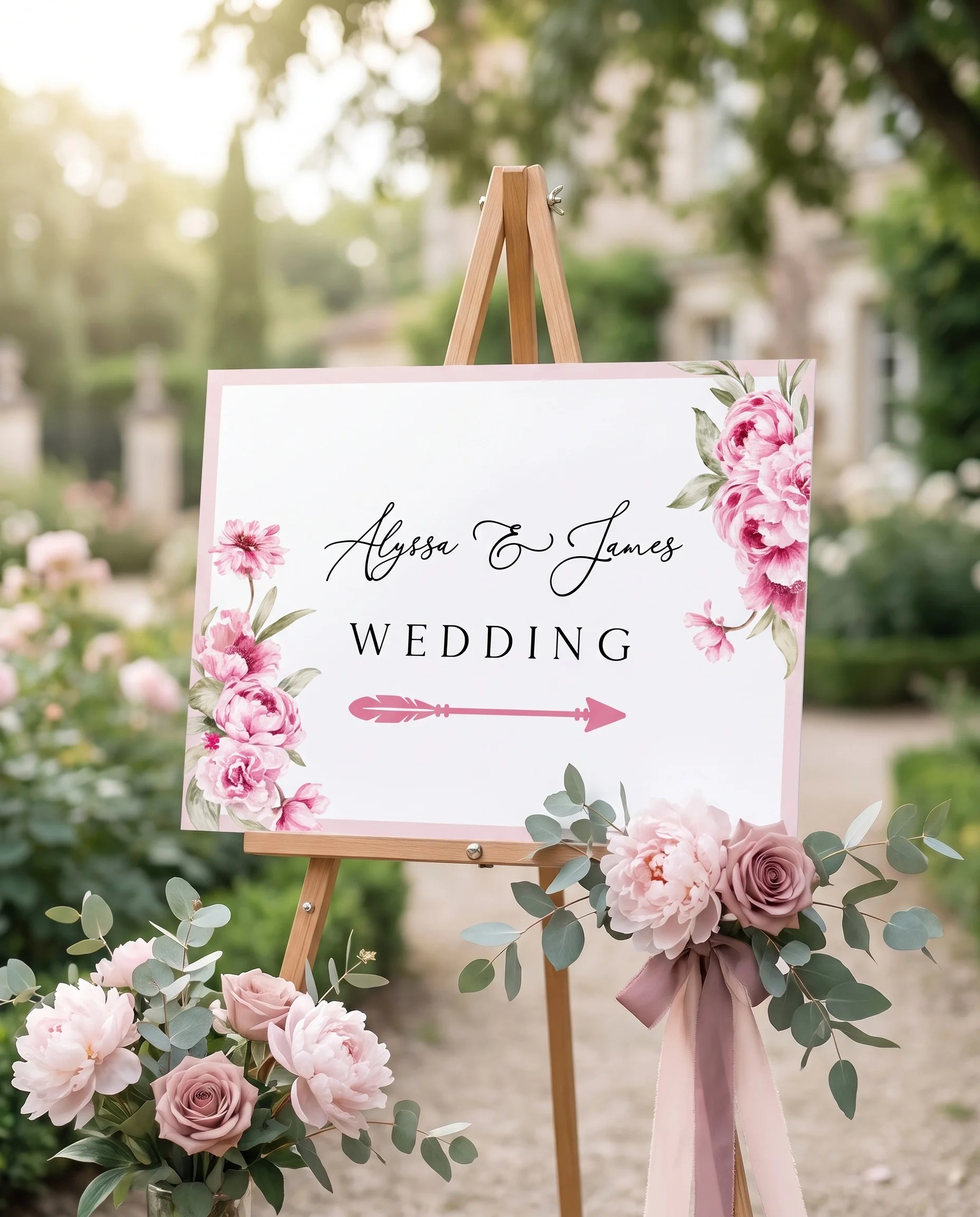 Blush Peony wedding directional sign — displayed in a wedding venue setting under soft natural light, elegant wedding signage.