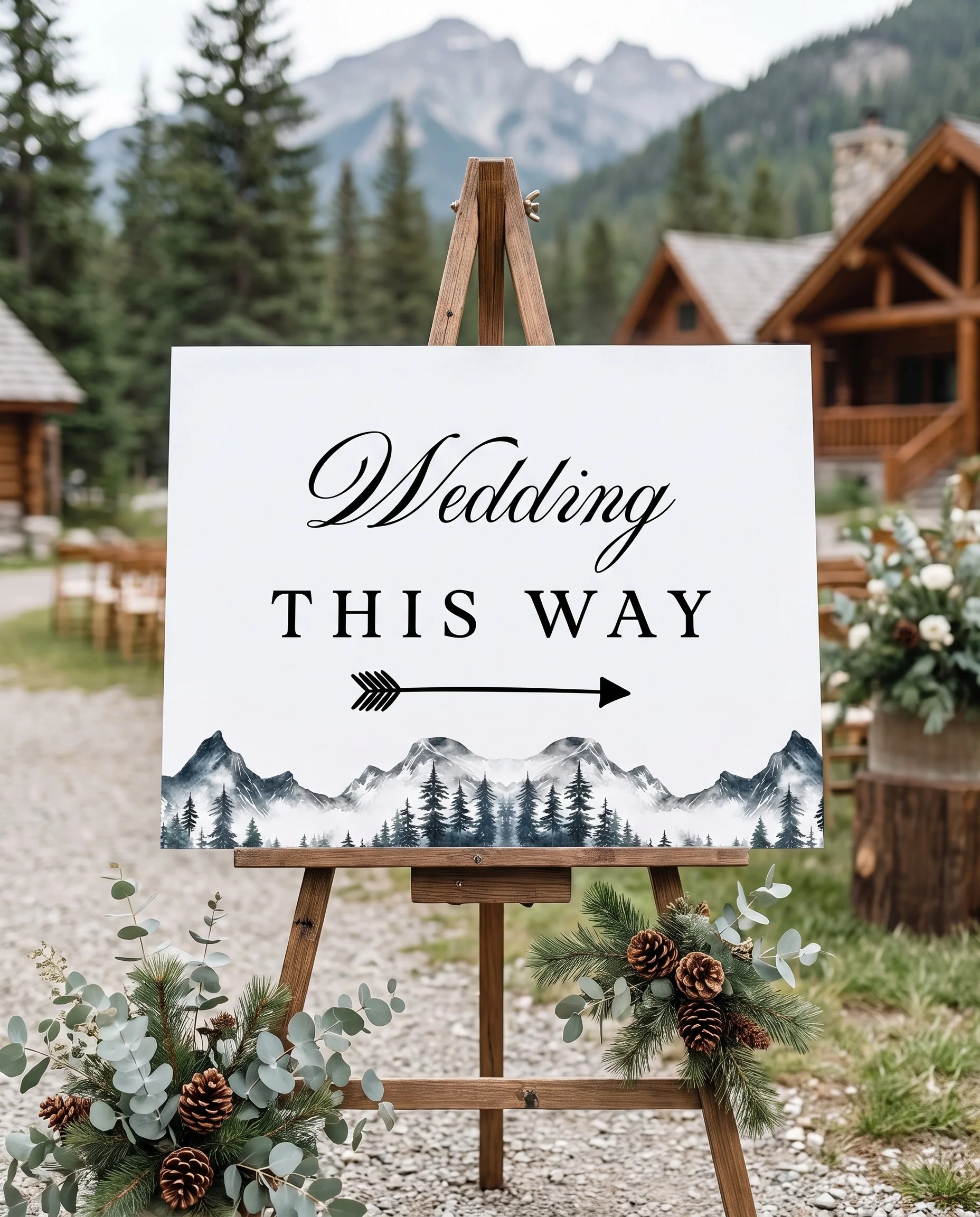 Pinecrest wedding directional sign — displayed in a wedding venue setting under soft natural light, wedding signage.
