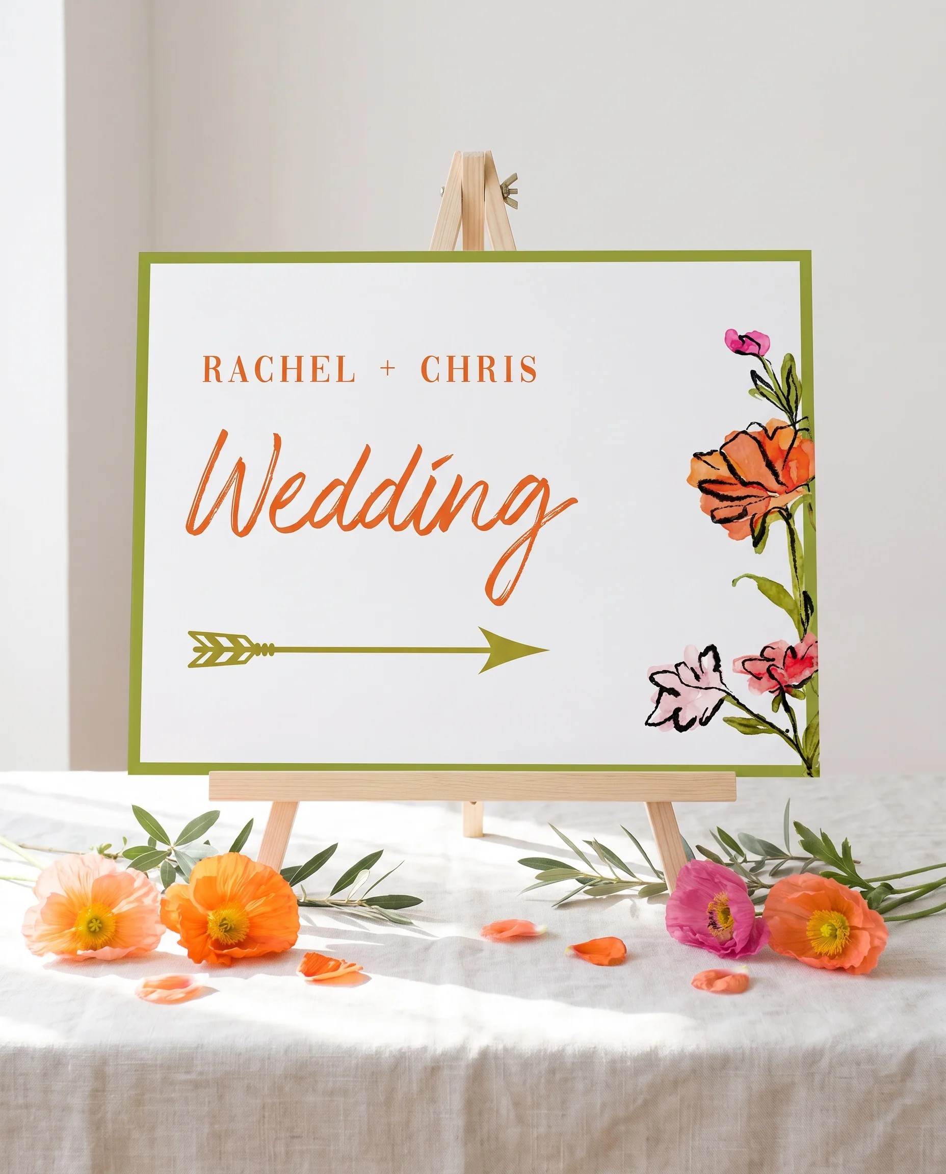 Poppy Court wedding directional sign — displayed on an easel on premium editorial paper, softly lit from a slight overhead angle, wedding signs.