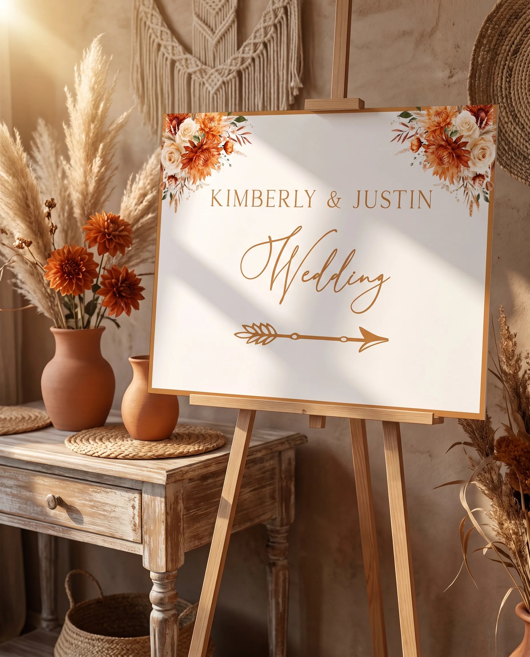 Marigold wedding directional sign — shown beside furniture for scale under soft natural light with a slight overhead angle, printable wedding signs.