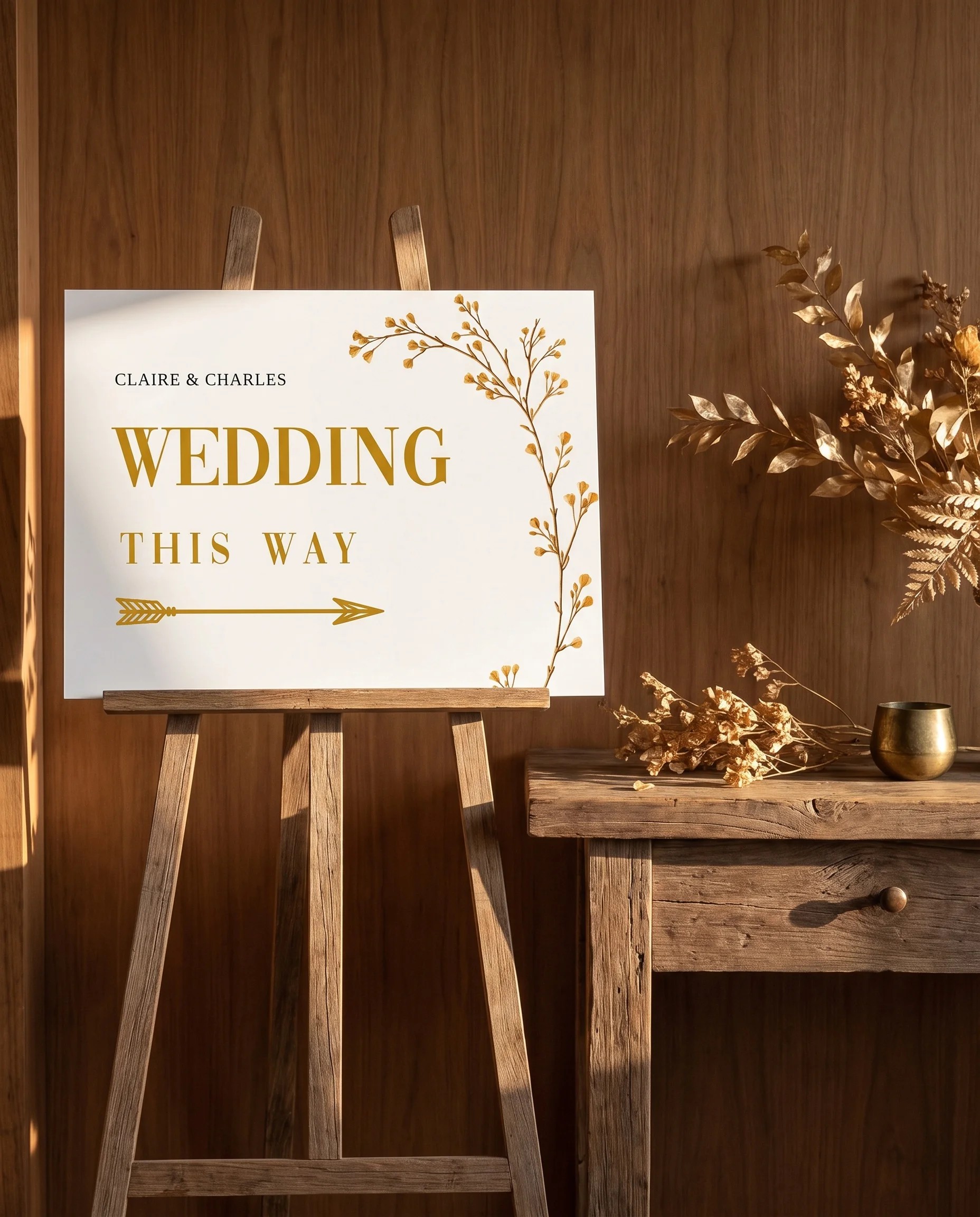 Golden Vine wedding directional sign — page shown beside furniture for scale on premium editorial paper under soft natural light, printable wedding signs