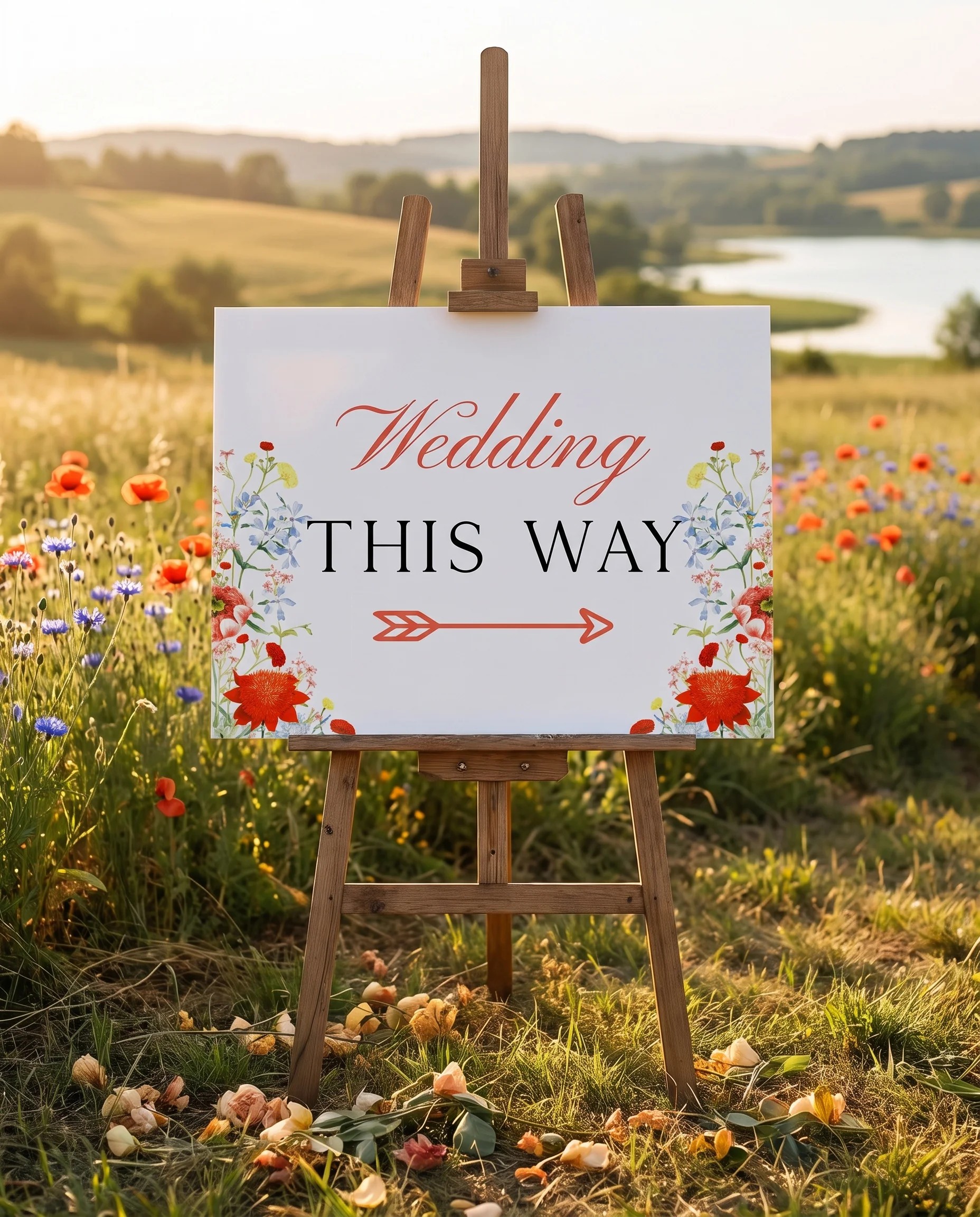 Poppy Meridian wedding directional sign — displayed on an easel under soft natural light at a slight overhead angle, wedding signs.