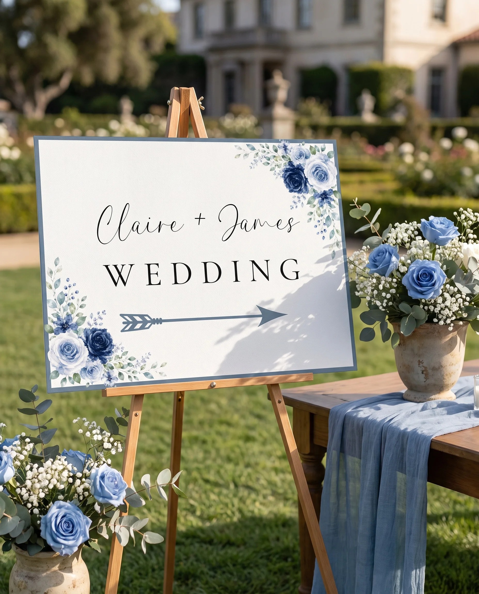 Bluebloom wedding directional sign — displayed in a wedding venue setting under soft natural light, premium editorial wedding signage.
