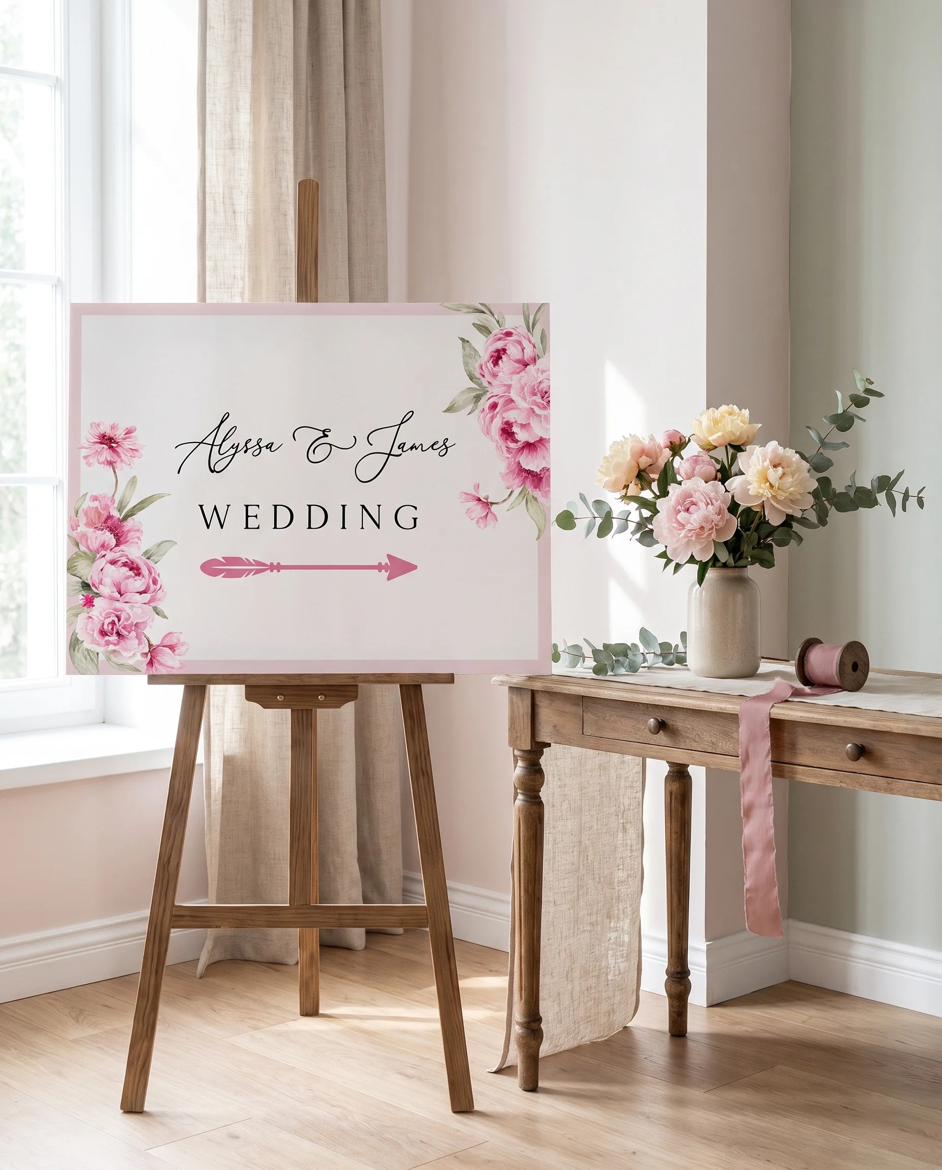 Blush Peony wedding directional sign — shown beside furniture for scale on premium editorial paper under soft natural light, printable wedding signs.
