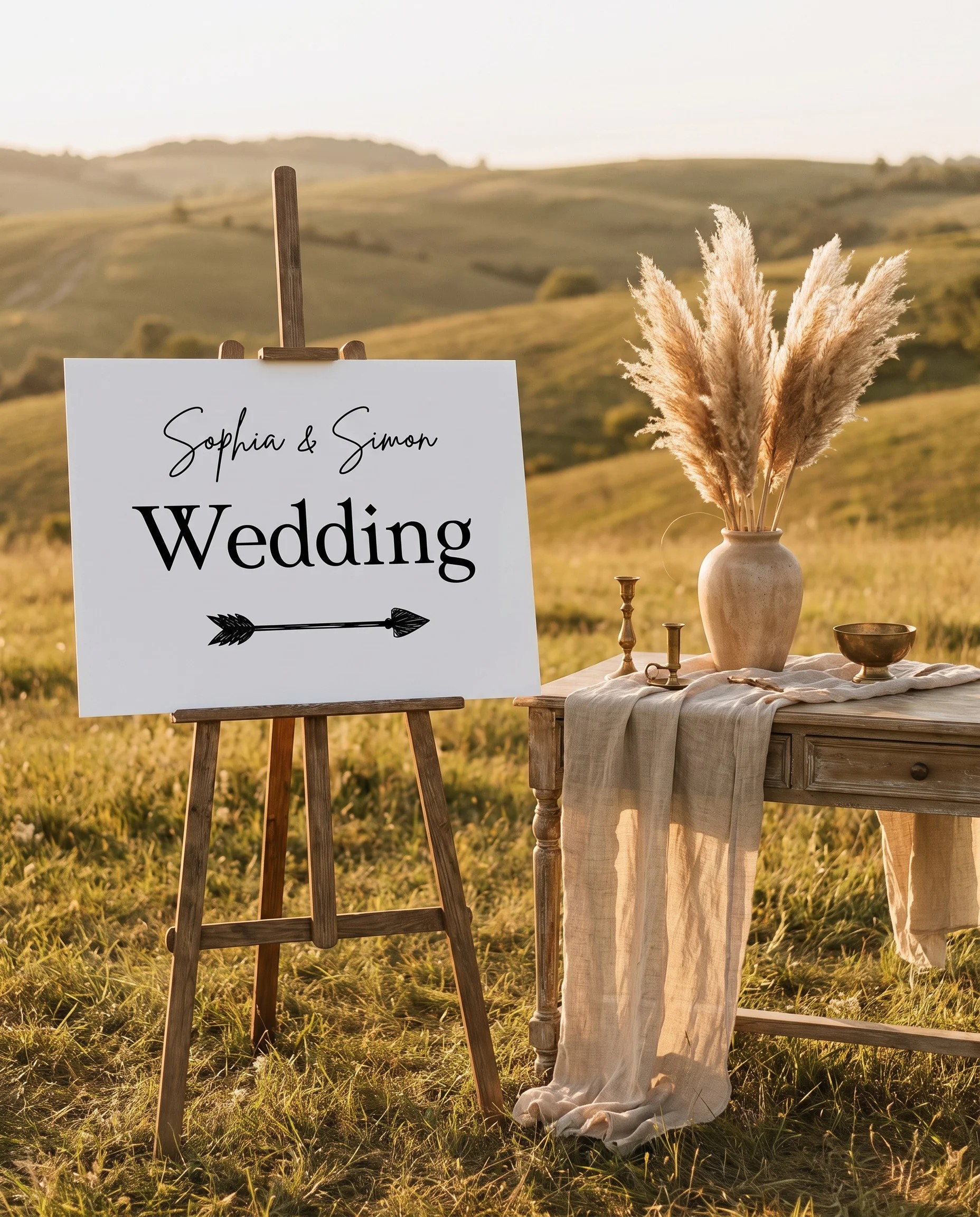Arrowcrest wedding directional sign — shown beside furniture for scale on premium editorial paper in soft natural light, printable wedding signs.