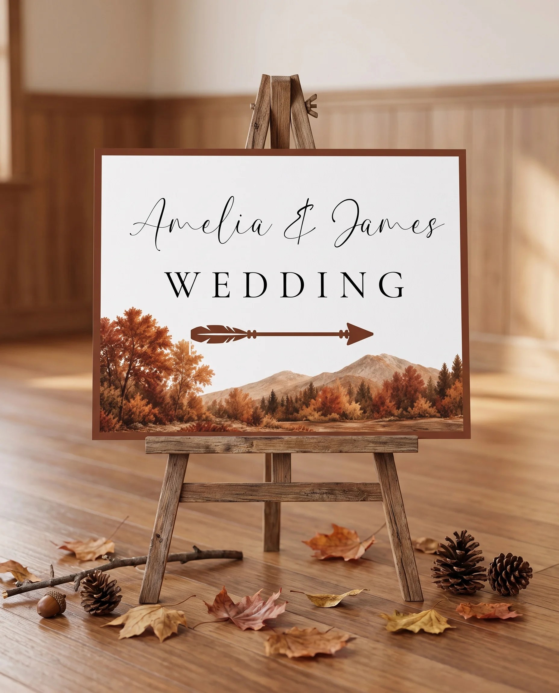 Timberline Reverie wedding directional sign — displayed on an easel under soft natural light at a slight overhead angle, wedding signs