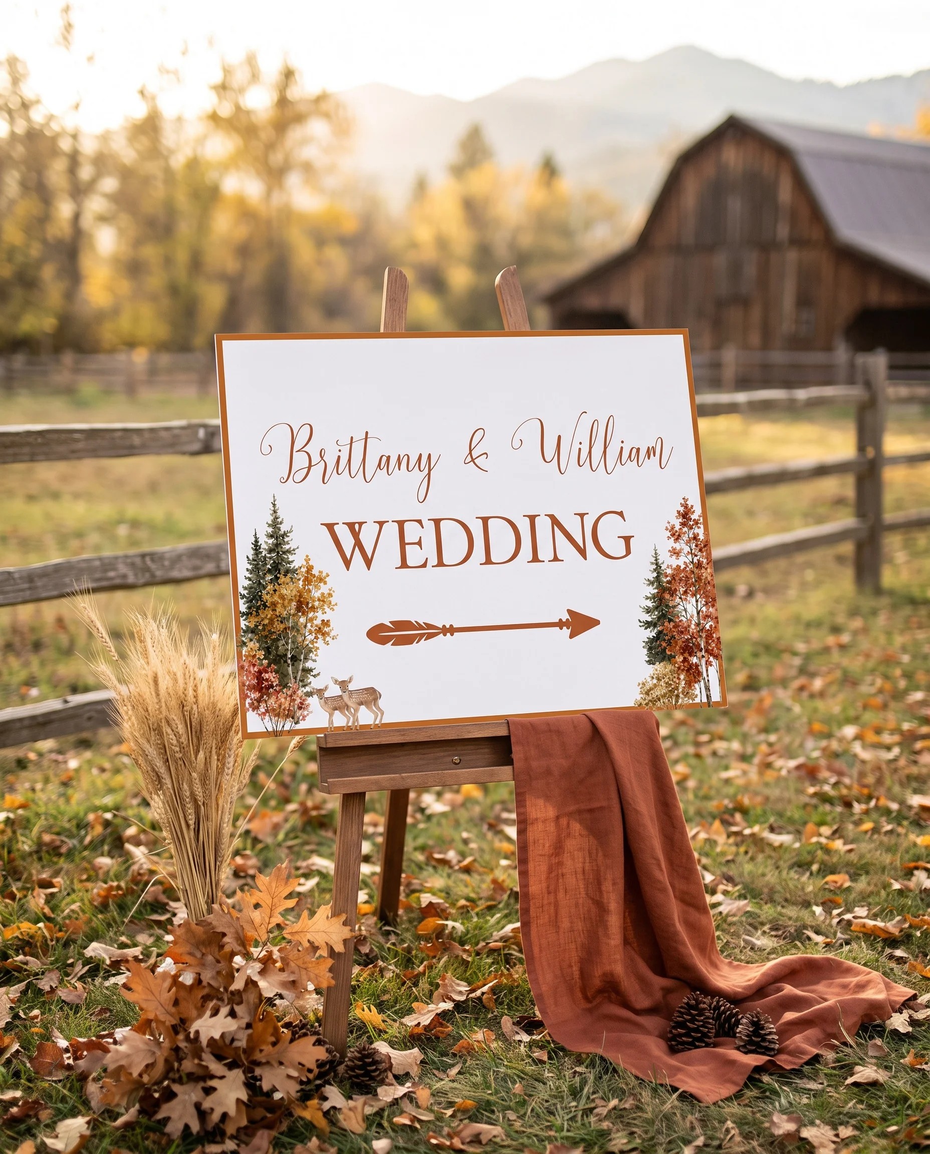 Autumn Vale wedding directional sign — displayed in a wedding venue setting under soft natural light, premium wedding signage.