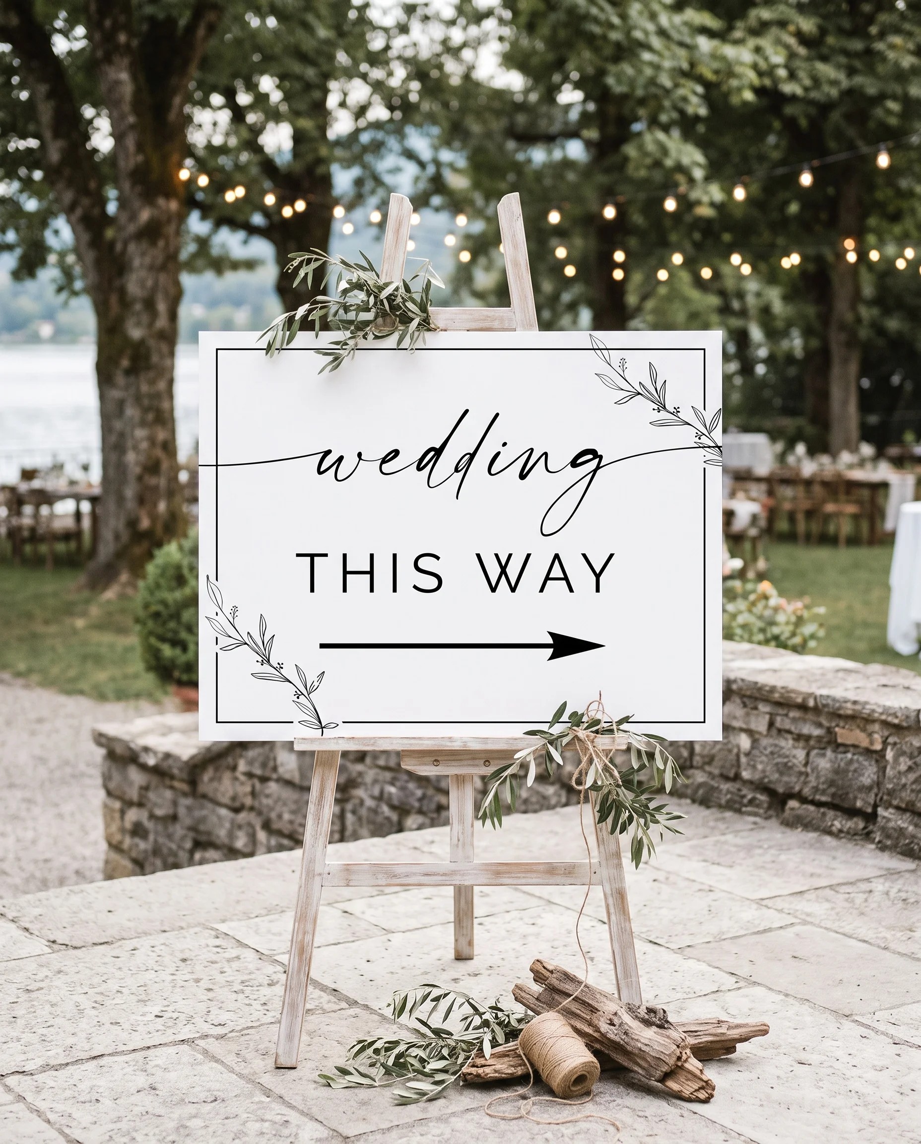 Willow Script wedding directional sign — displayed on an easel under soft natural light with a slight overhead angle, wedding signs