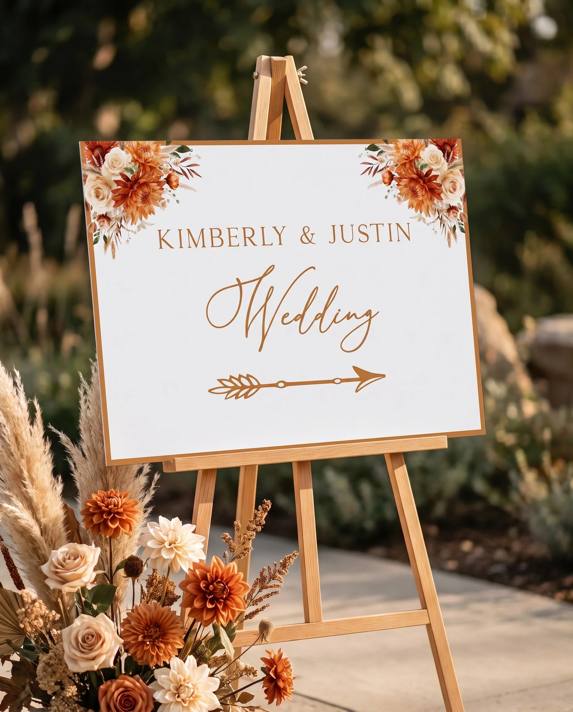 Marigold wedding directional sign — displayed at a wedding venue under soft natural light with a slight overhead angle, wedding signage.