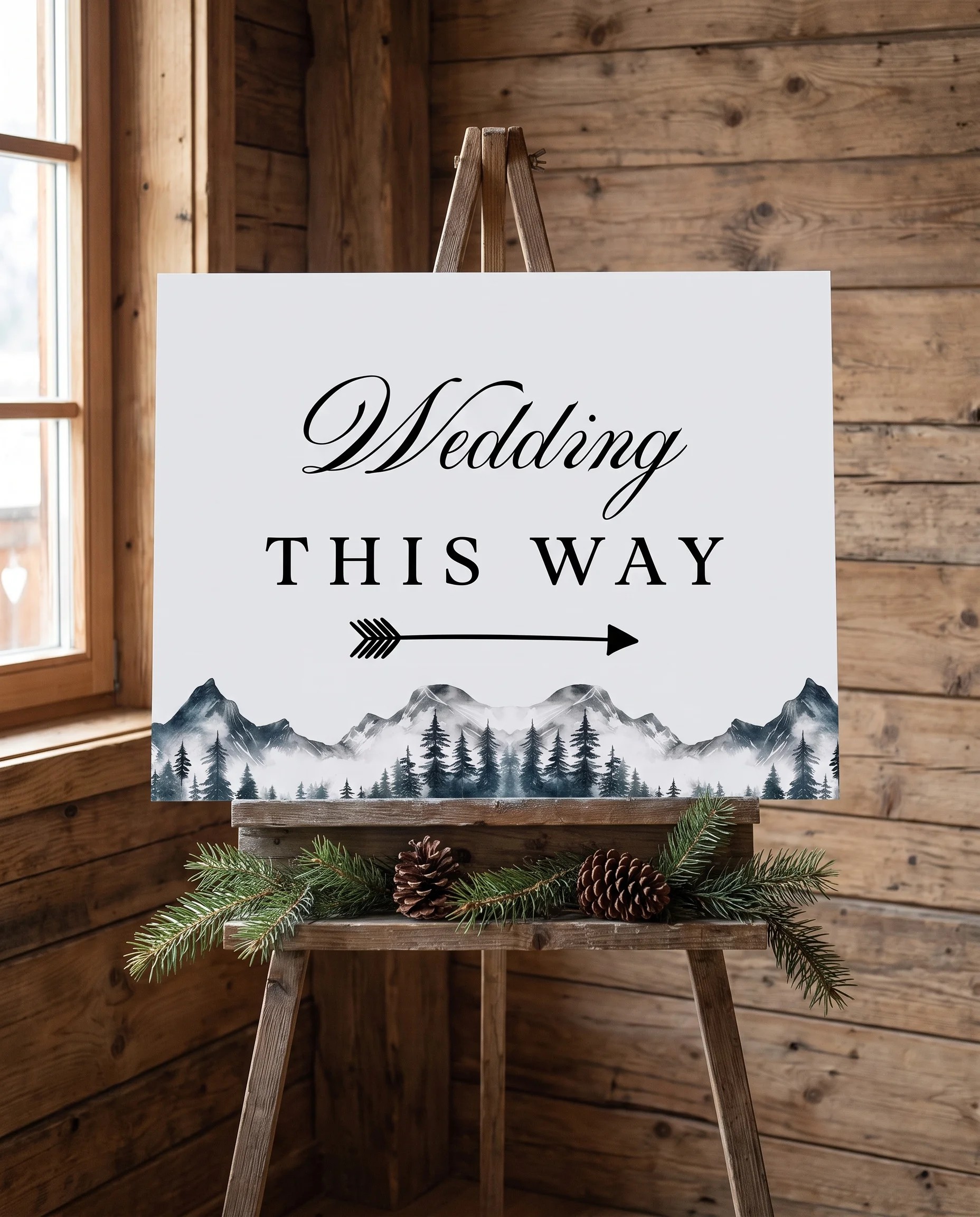 Pinecrest wedding directional sign — displayed on an easel under soft natural light at a slight overhead angle, wedding signs.