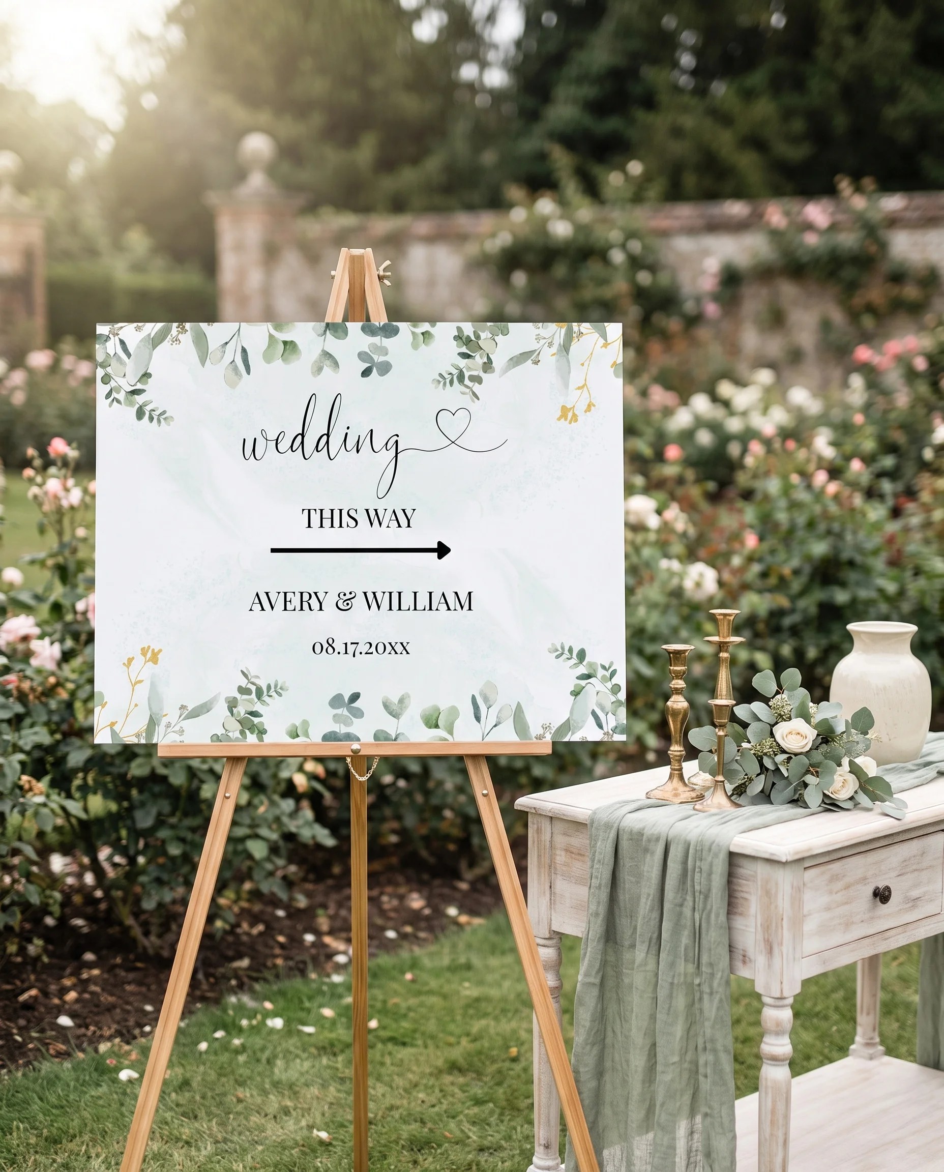 Eucalyptus Gold wedding directional sign — shown beside furniture for scale under soft natural light, printable wedding signs.