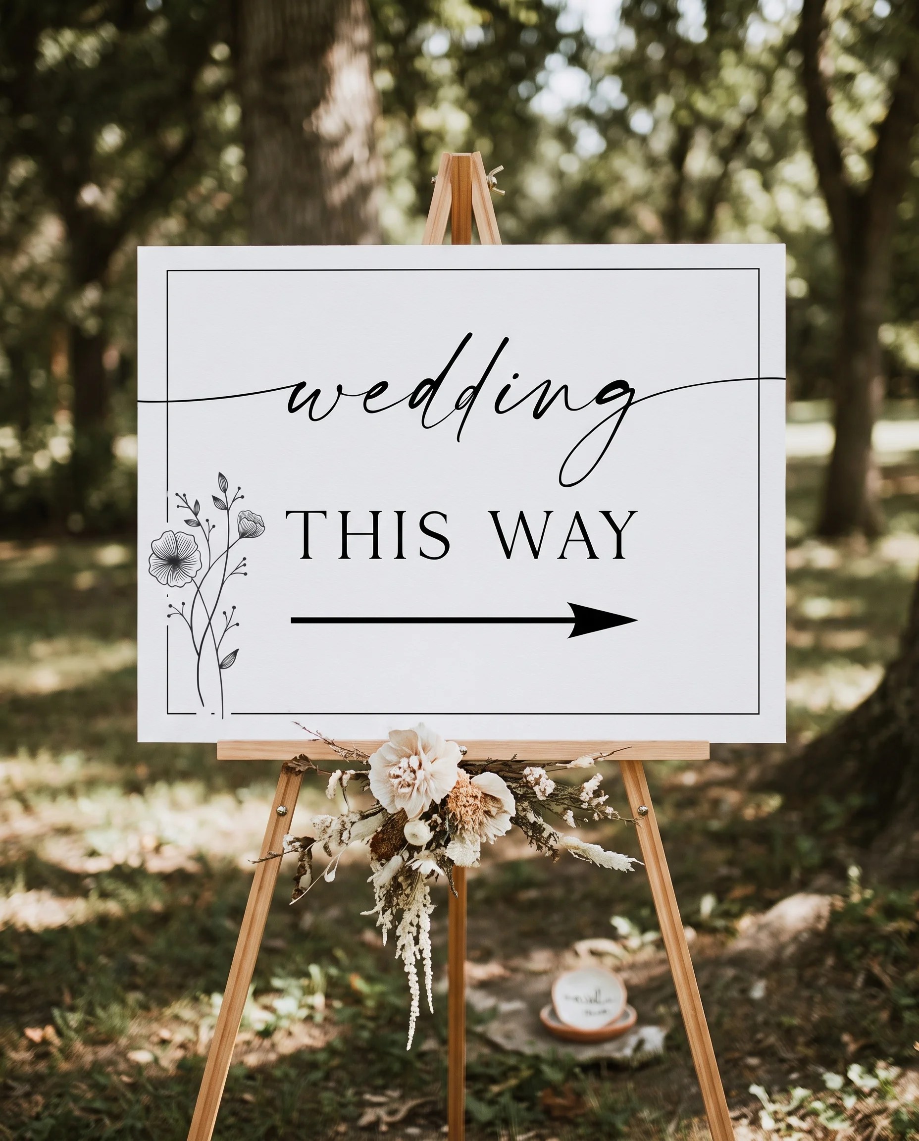 Hush Bloom wedding directional sign — displayed on an easel under soft natural light with a slight overhead angle, wedding signs.